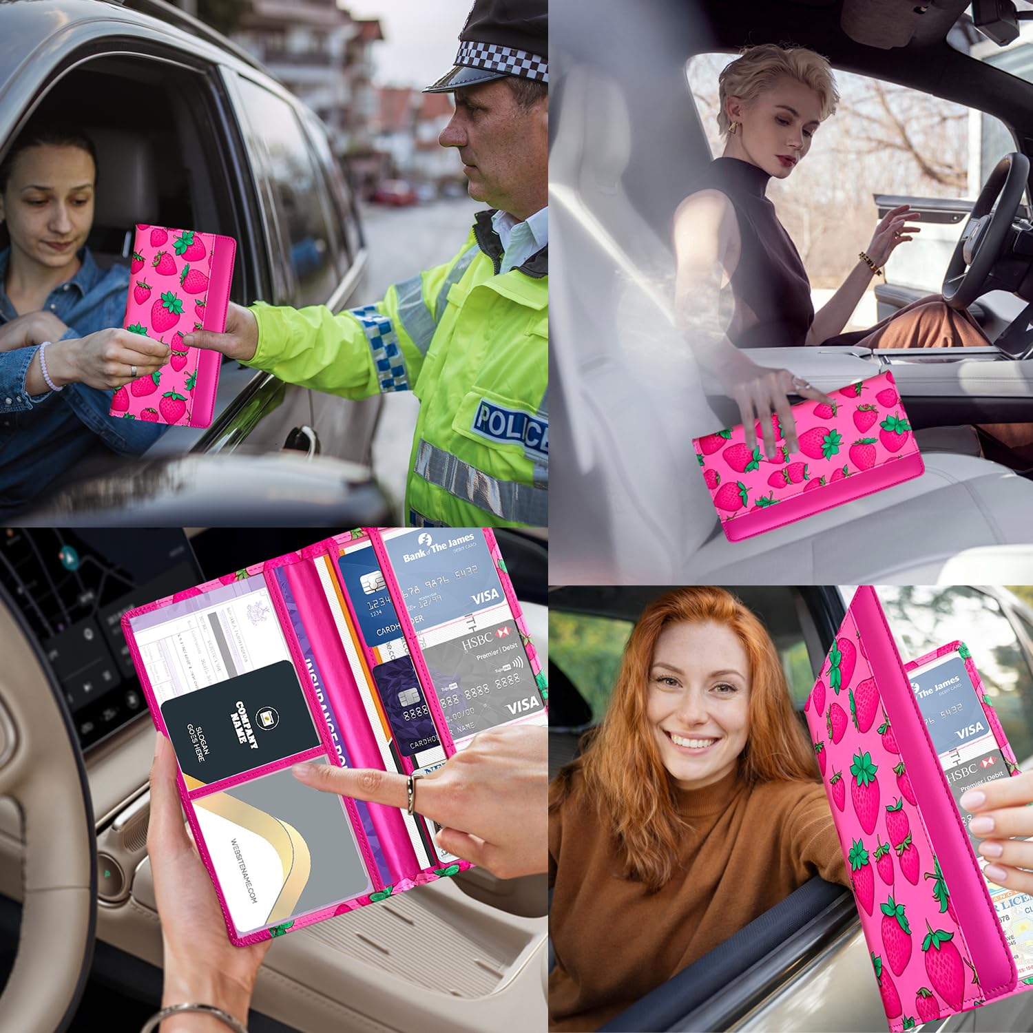 Porta libretto e assicurazione auto con chiusura magnetica, organizer universale per documenti per patente, carte di assicurazione e vano portaoggetti (fragola, rosa acceso)