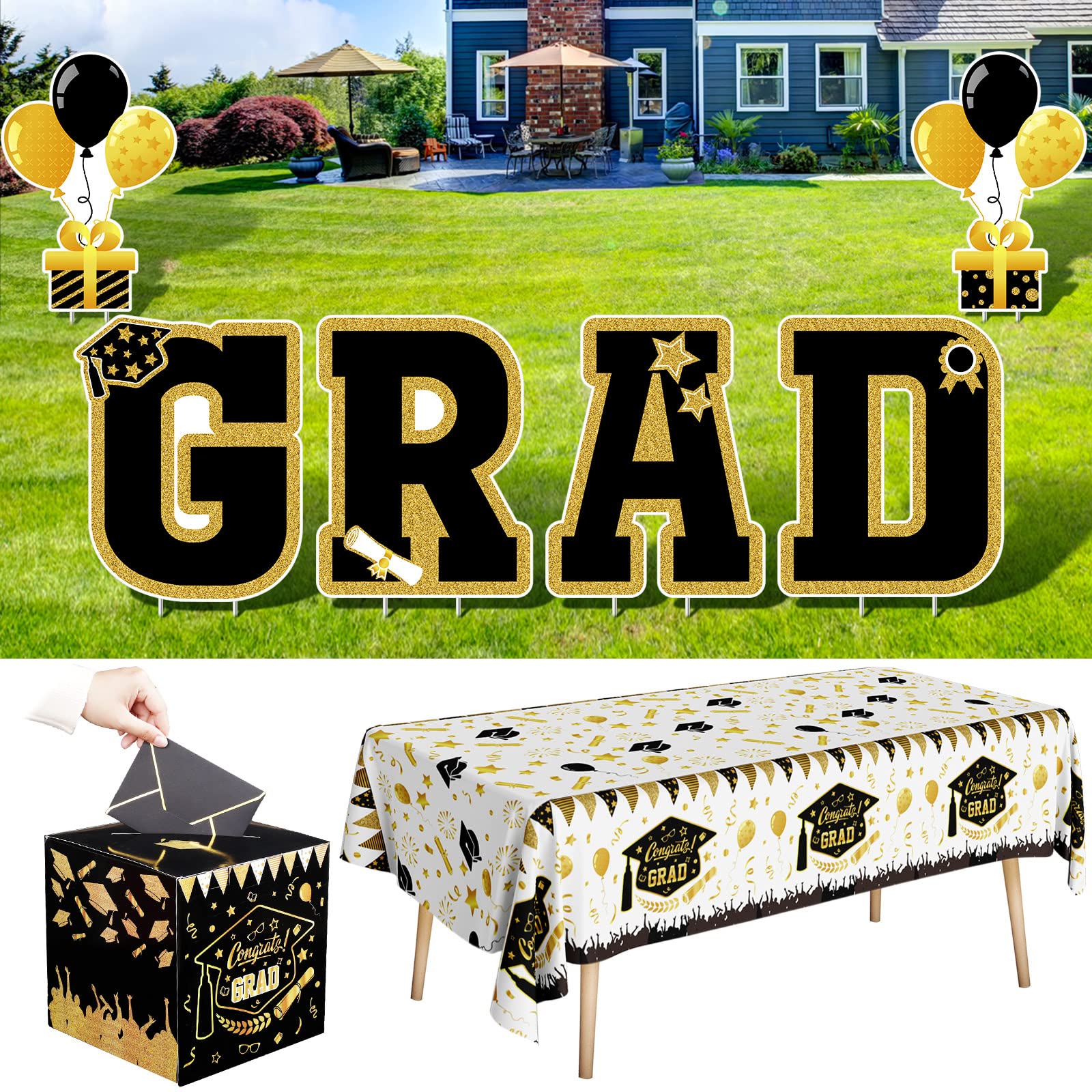 Graduation Party Decoration Grad Yard Signs Graduation Tablecloth Graduation Card Box Class of 2023 Congrats Graduation Gift Graduation Party Favors Indoor Outdoor Party Supplies (Black, Gold)