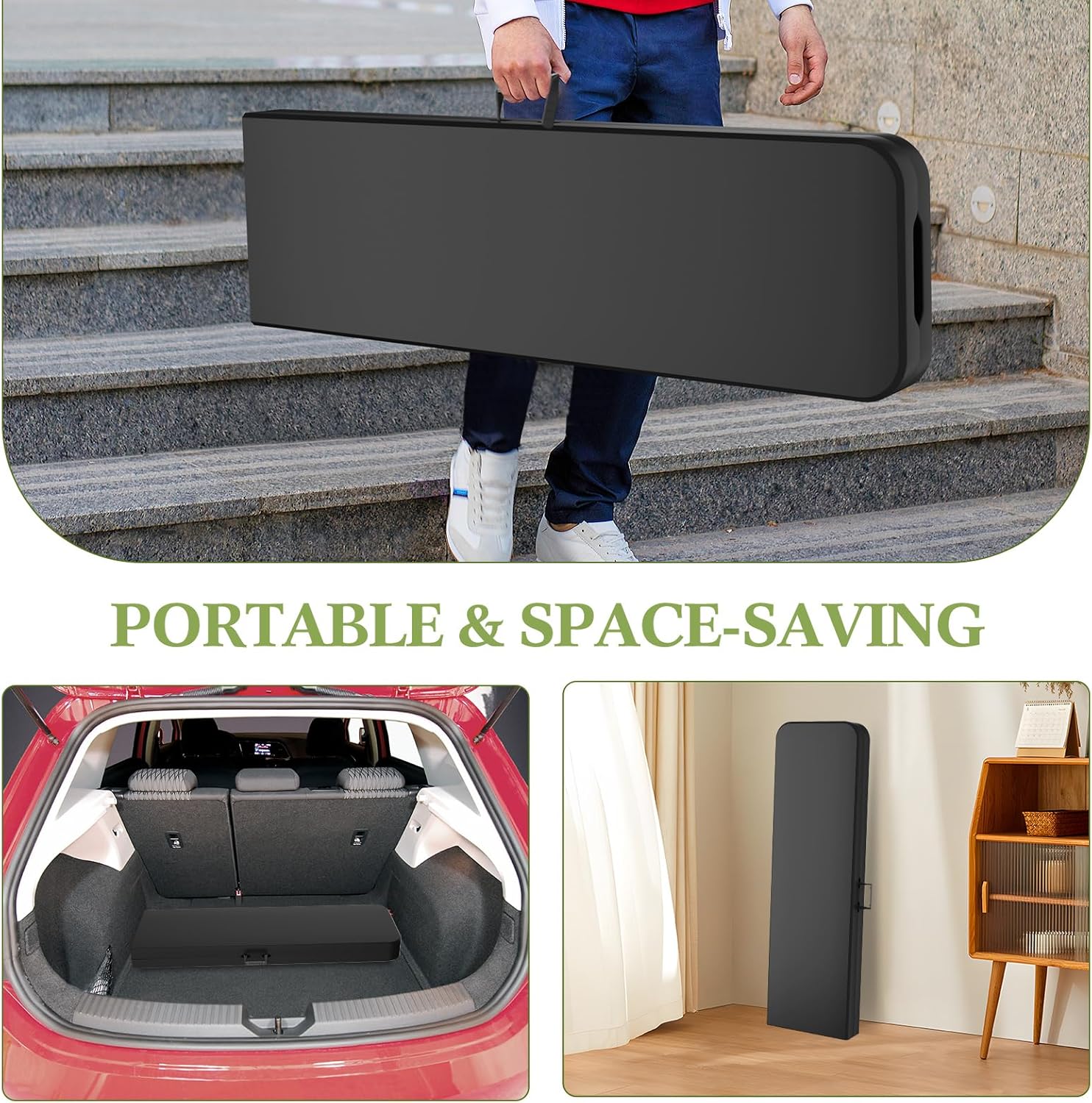 MEI&CO 6ft Folding Table and 2 Benches Set, 3-Piece Portable Outdoor Furniture with Waterproof HDPE Tabletop, Sturdy Metal Frame & Non-Slip Surface for Camping, Picnic, Backyard & Indoor Use (Black)