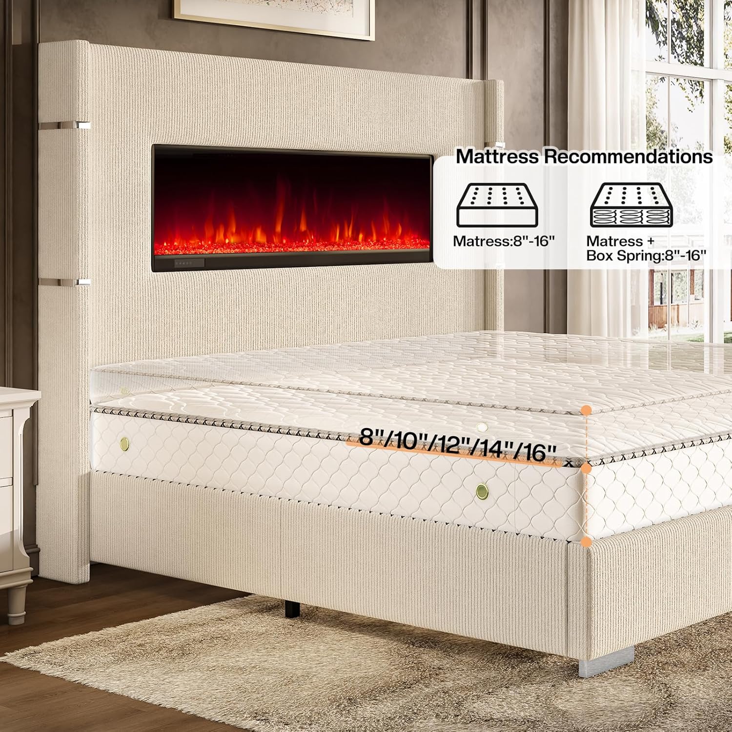 LUXOAK 60.4" King Size Upholstered Bed Frame with Heat-Free Fireplace, Luxury Corduroy Platform Bed with Extra Tall Wingback Headboard, Solid Wood Slats/No Box Spring Needed/Cream