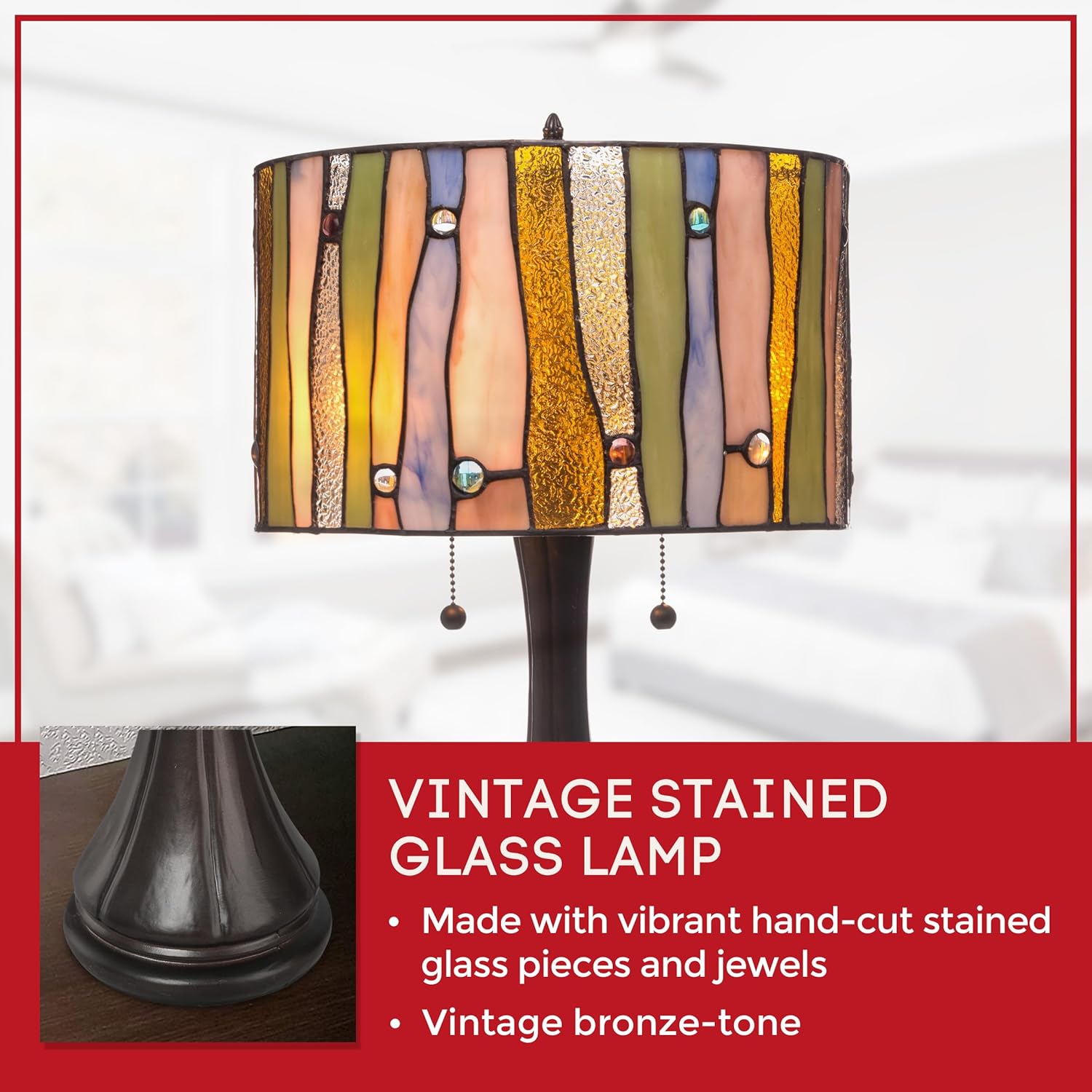 Serena D'italia Contemporary Tiffany Table Lamp - Victorian Antique Desk Nightstand - 23-inch Tall Yellow, Blue, and Green Glass Nightstand Lamp