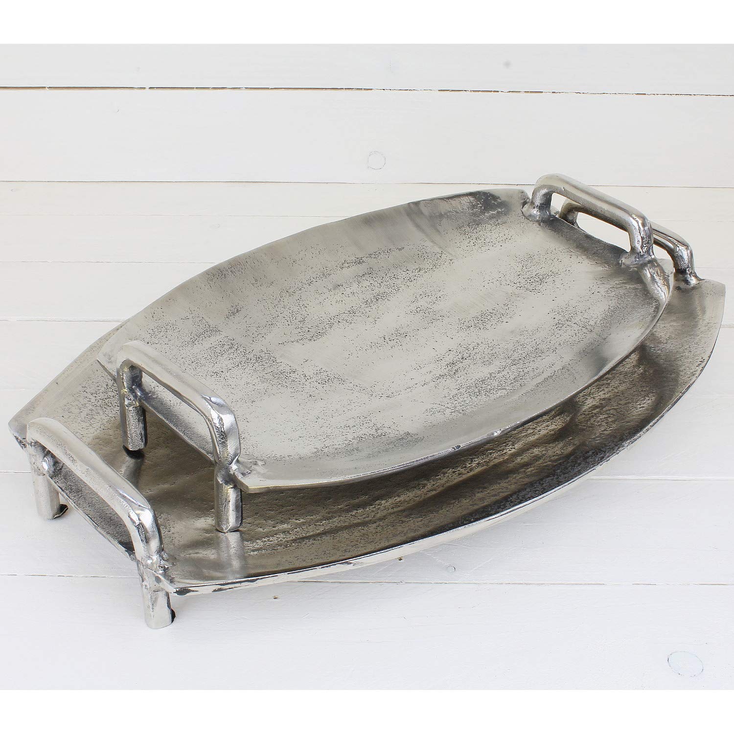 MACOSA LC191066 Hochwertiges Deko-Tablett mit Griffen Silber oval Aluminium Tisch-Dekoration Kerzenteller Servierplatte Obsttablett Wohn-Accessoire (L)