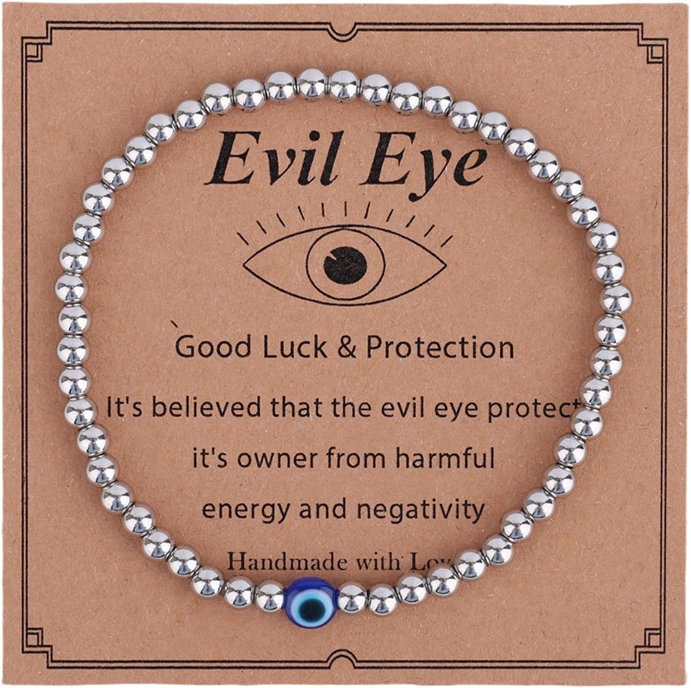 Evil Eye Bracelet for Women, Dainty Beaded Good Luck Bracelet with Silver Evil Eye Stack Charm for Spiritual Protection Birthday Christmas Graduation Gift Jewelry