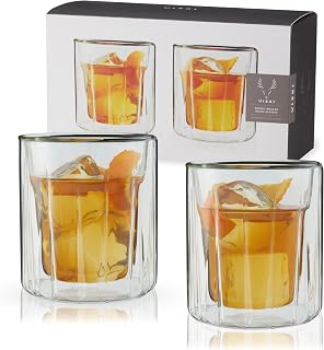 Viski Double Walled Rocks Glasses - Insulated Whiskey Tumblers with Cut Crystal Design - Dishwasher Safe 10.5oz Set of 2