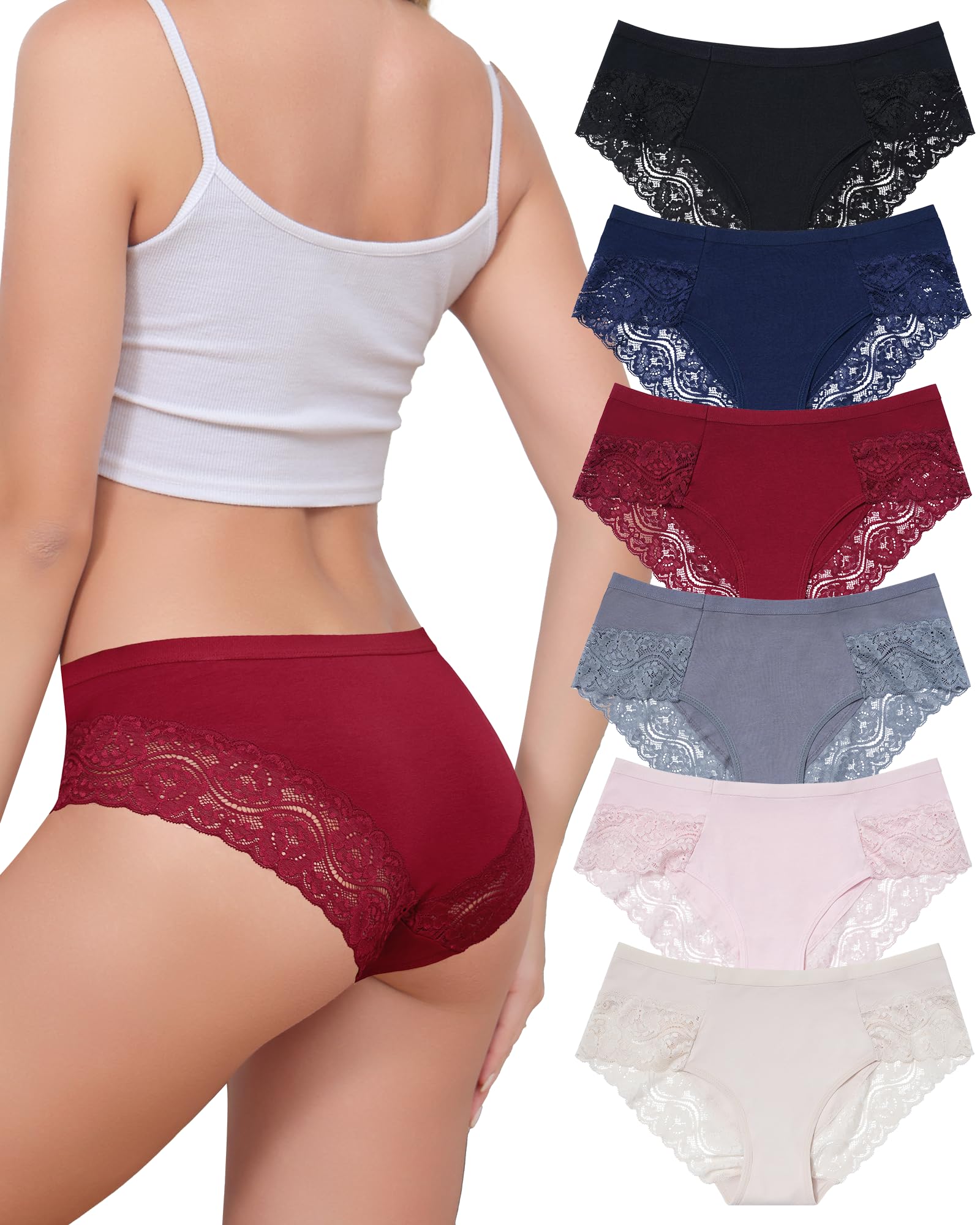 Aijolen Unterhosen Damen Baumwolle Slips mit Spitze Unterwäsche Frauen Bequeme Hipster Mittel Taille Panties Atmungsaktiv Weiche 6er Pack