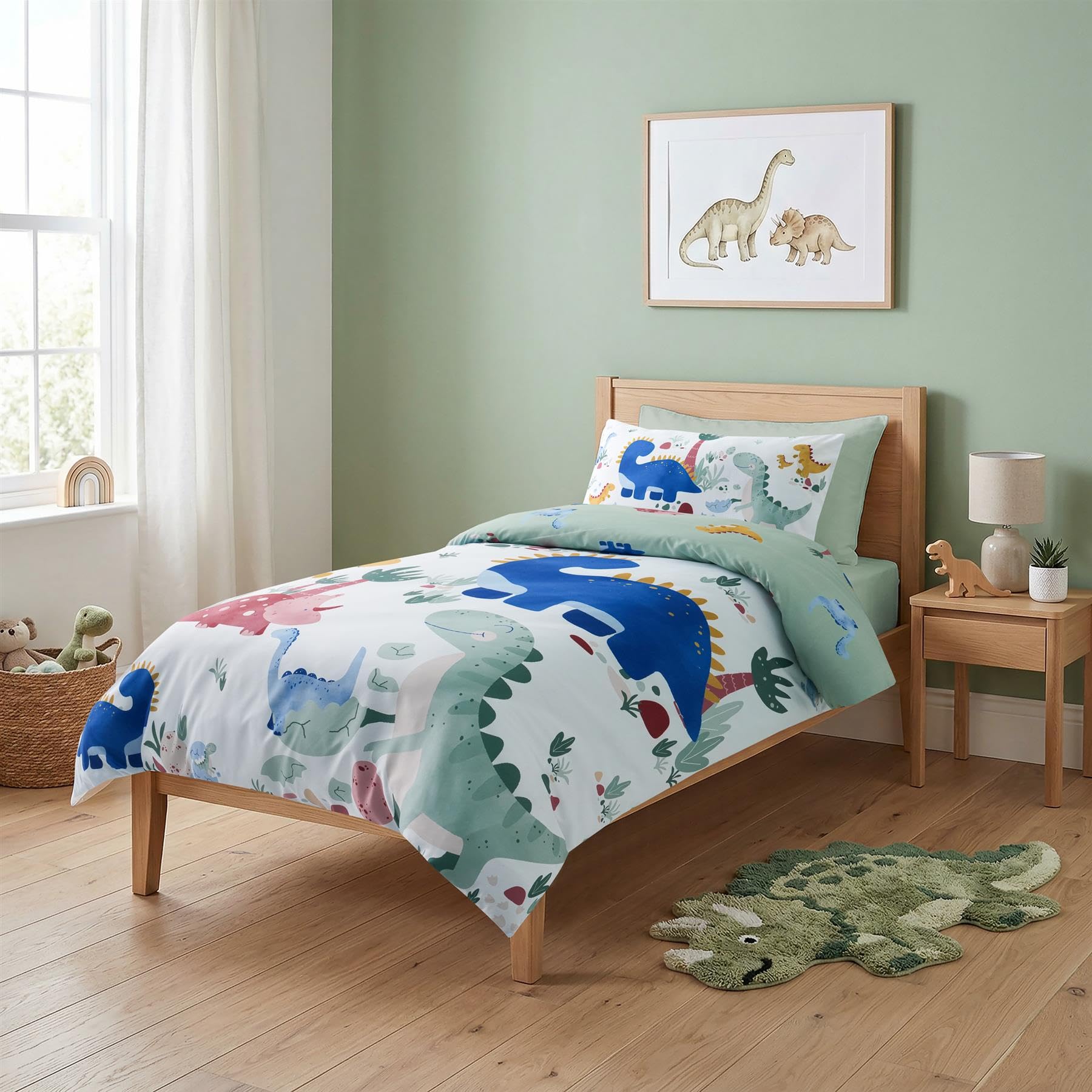Adore Home Dinosaurs Double Duvet Cover Set - Reversible Dinosaur Kids Bedding With Pillowcases - Microfibre Dino Duvet Cover Set