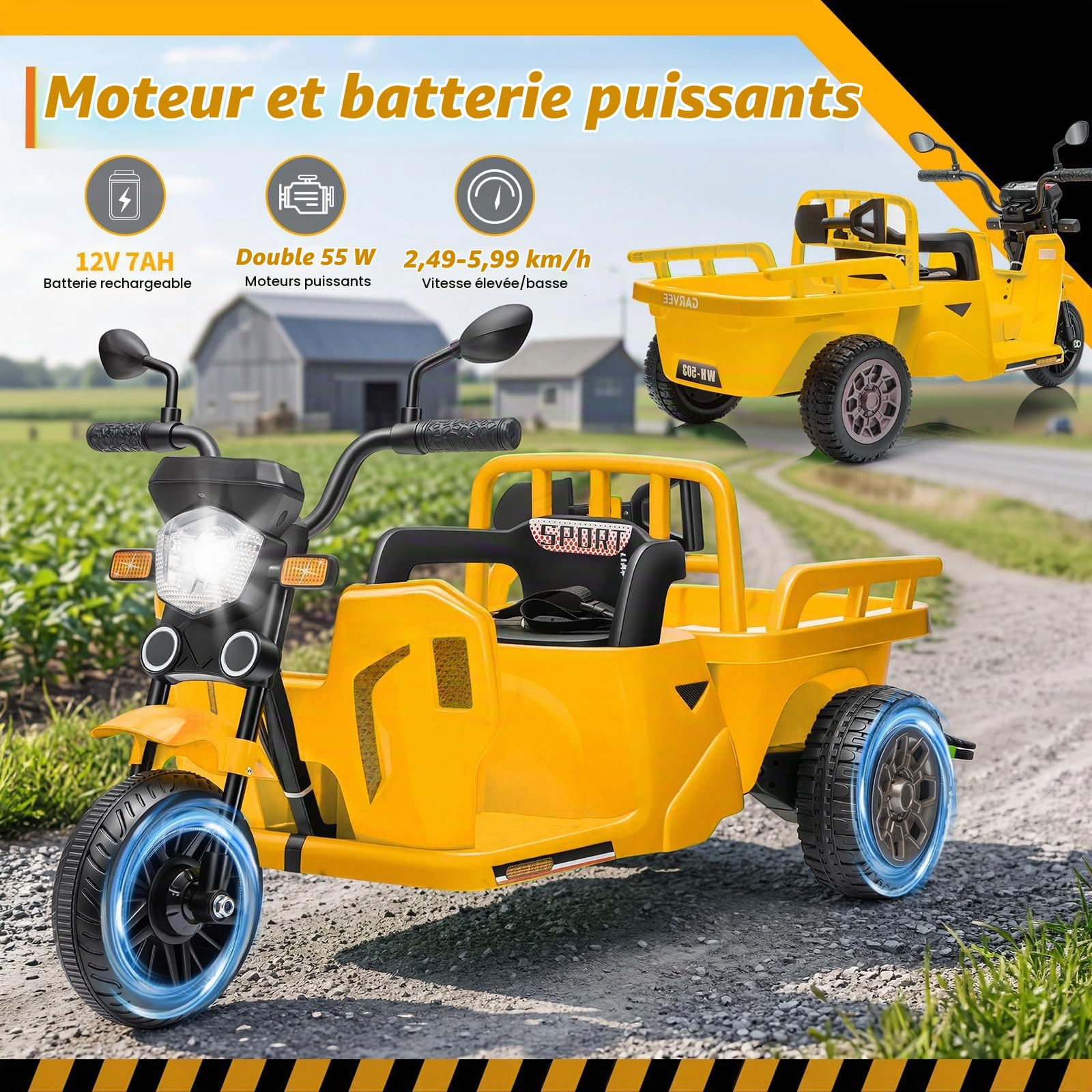 Garvee Tracteur Électrique Enfant 12V avec Remorque et Benne-Pelle, Tuk-Tuk Électrique, Tricycle 3 Roues avec Musique, LED, Klaxon, Cadeaux pour Enfants 3-8 Ans – Jaune