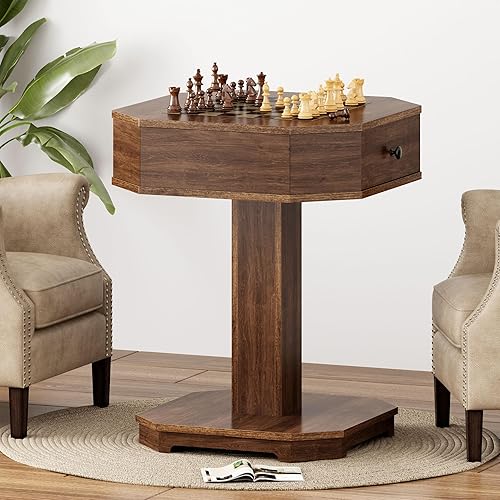 Miniatura 8 de soges Mesa de juego de 2 cajones para ajedrez y damas, mesa combinada de ajedrez y damas, mesa de ajedrez para juegos de mesa familiares, color nogal