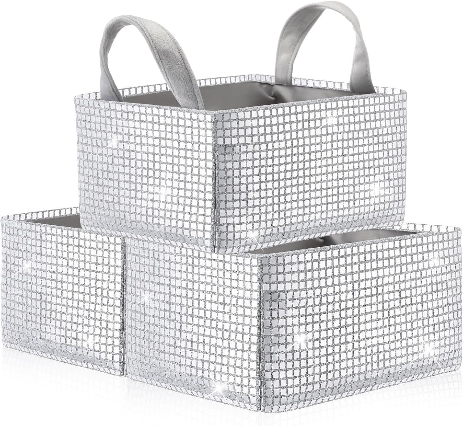 3 Pcs Disco Ball Storage Baskets 14x10 Inch Glitter Silver Foldable Fabric Storage Bin with Handle Decorative Closet Bins Organizer for Home Decor Office Laundry Countertop Tabletop Car