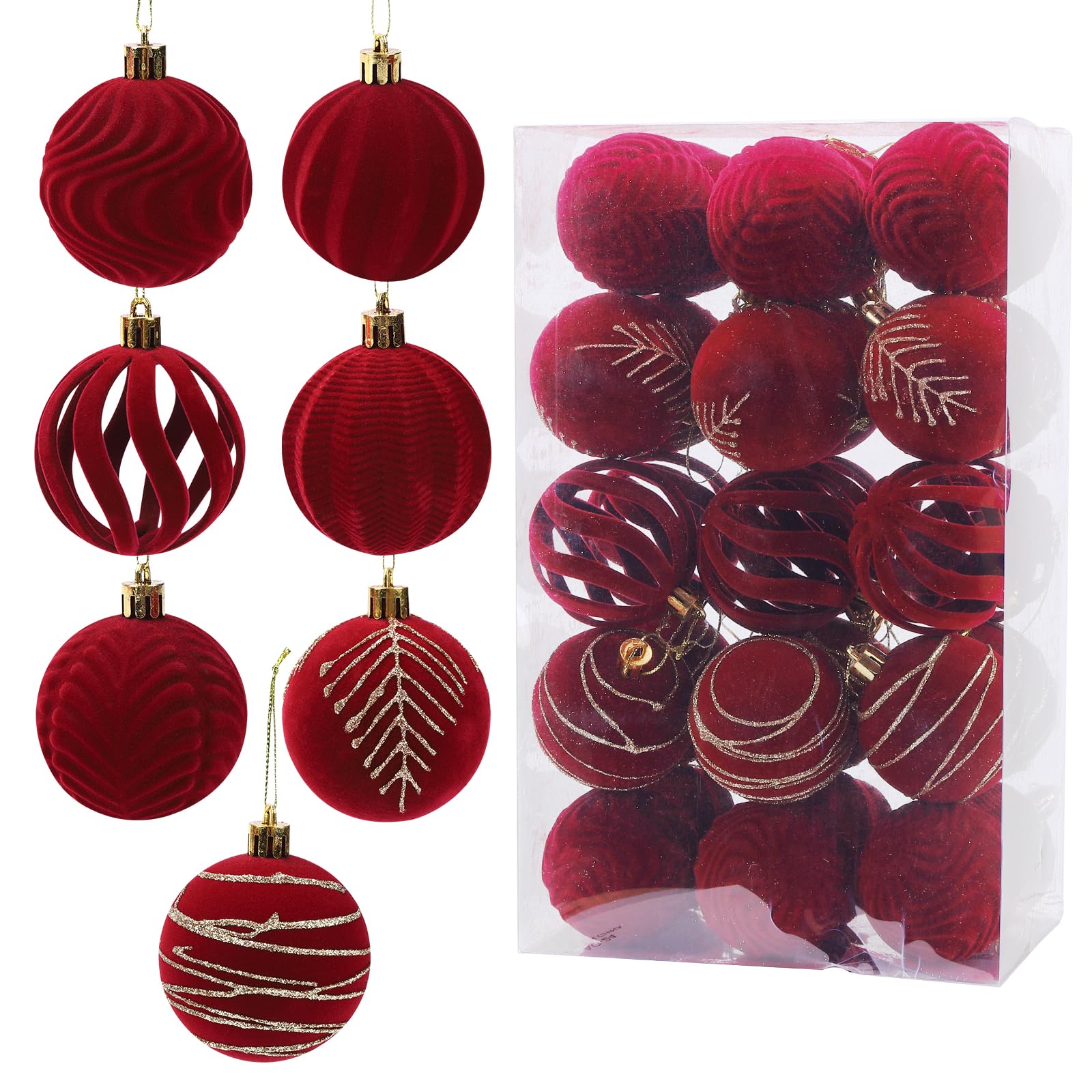 Palline di Natale in velluto, 30 pezzi, 6 cm, decorazioni per albero, set di palline floccate da appendere per vacanze, matrimoni, feste di compleanno (rosso)
