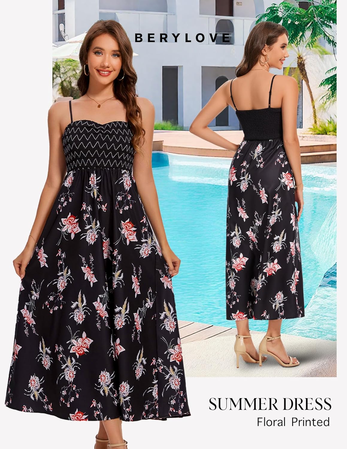 BeryLove Women Summer Floral Maxi Dress Casual Spaghetti Strap Beach Sun Dresses - Image 2