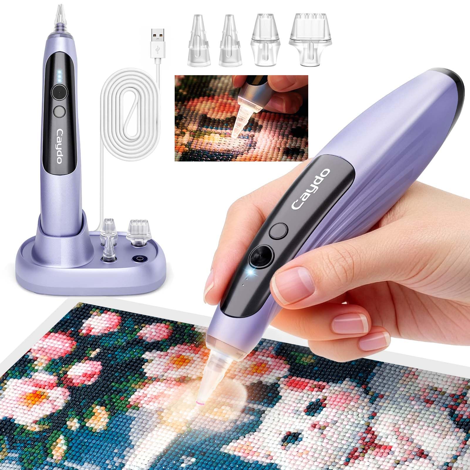 Caydo Kabelloser Elektrischer Diamond Painting Stift mit Licht, 3 einstellbare Saugstufen, aufladbarer Diamond Art Stift mit 2-in-1 Ladebasis & austauschbaren Spitzen, Diamond Art Set für Erwachsene