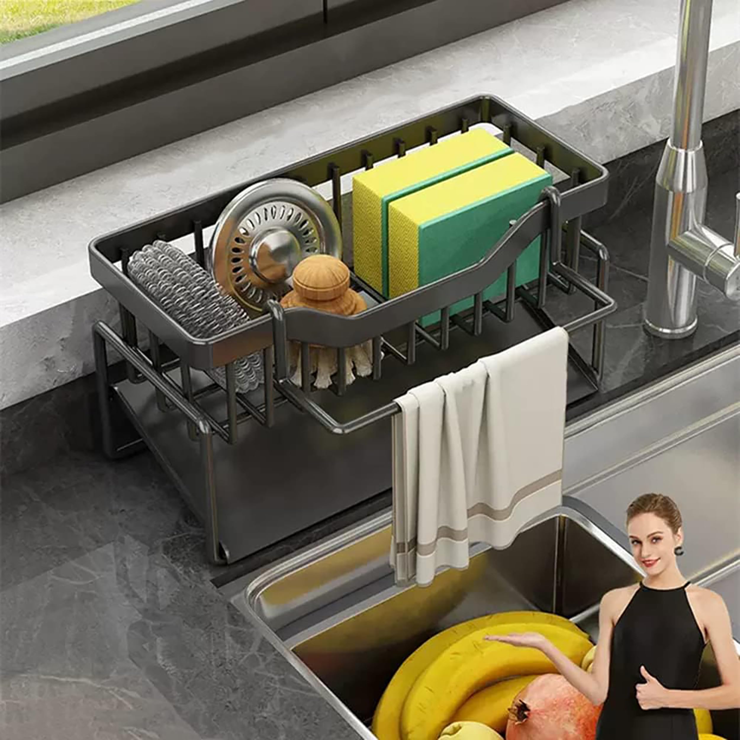 MosQuick® Modern Sponge Holder for Kitchen Sink Caddy Organizer Sink Soap Holder Sink Organiser with Towel Holder with a Drain Tray Great Kitchen Organizer Kitchen Accessories Items (B0CTZTH9D8) Amazon Price History, Amazon Price Tracker