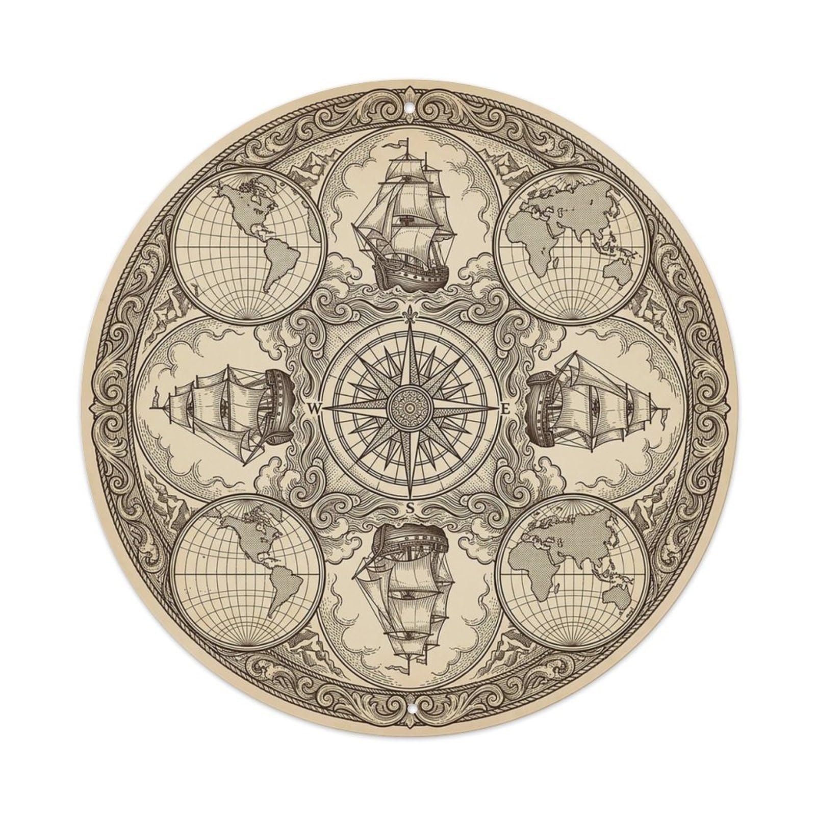 Vintage Nautical Compass World Map Coordinate Guide Metal Tin Sign