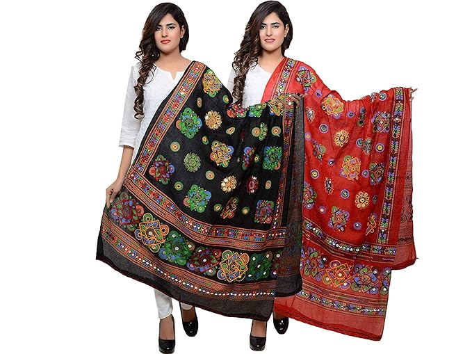 Cotton Embroidered Paper Mirror Work Dupatta For Womens Pack Of 2