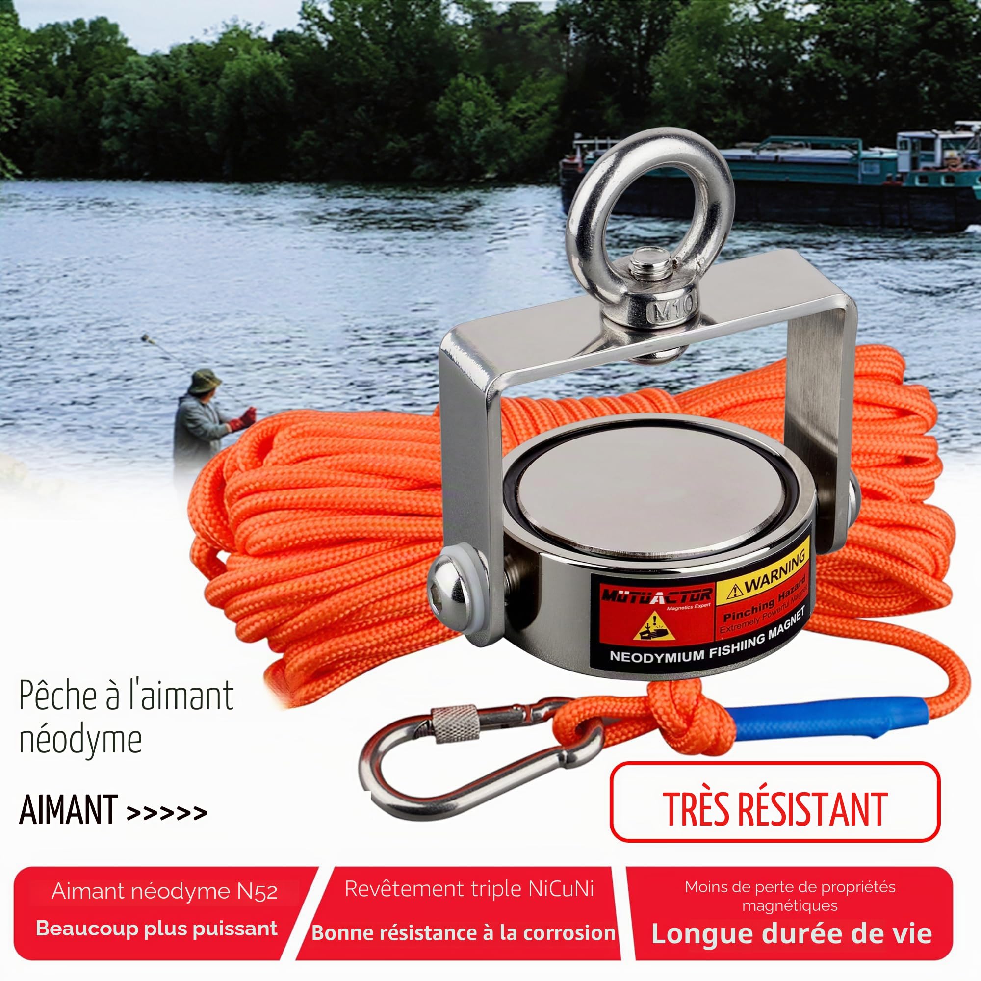 Aimant de pêche magnétique double face à 360° - Type de combinaison - Force de traction magnétique de 600 kg - Aimant puissant en néodyme N52 - Aimants puissants pour la chasse au trésor dans les