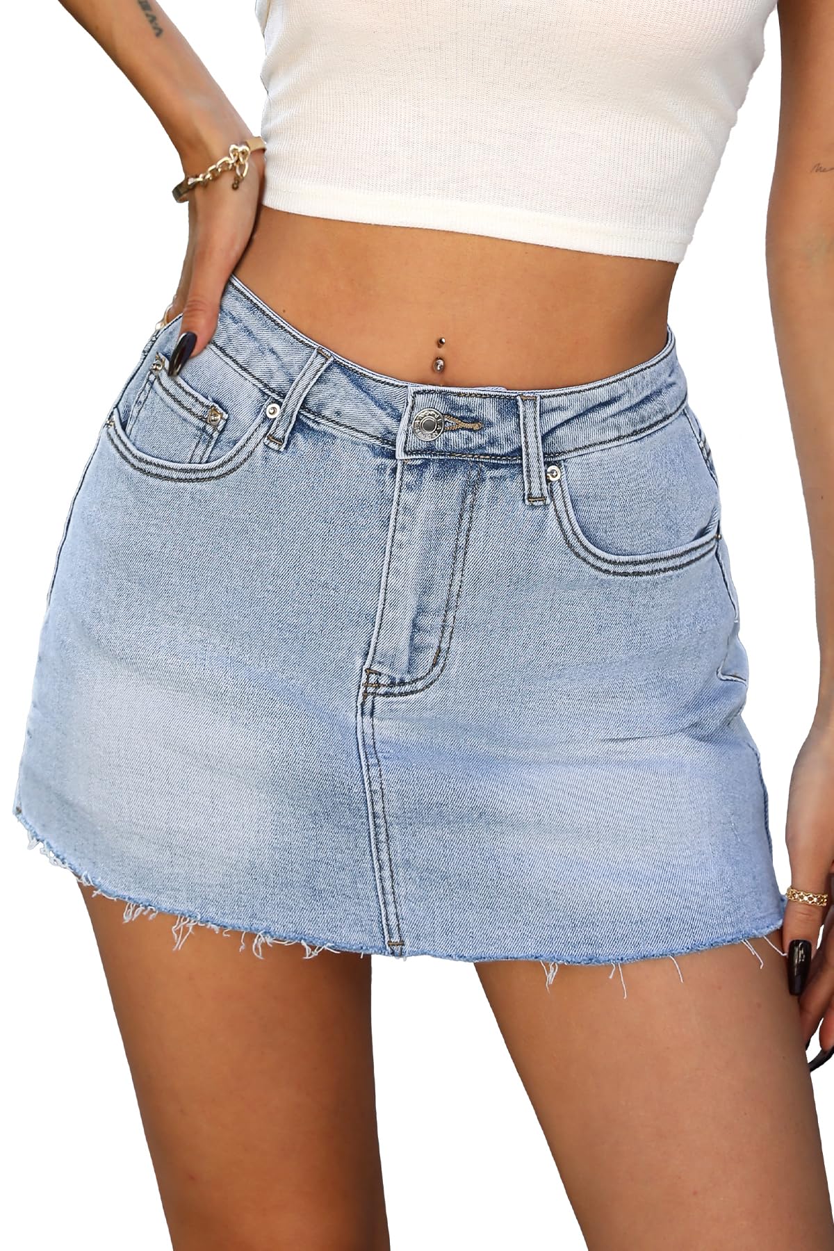 ELLEVEN Denim Skirt with Shorts Mini Skort - Casual Jean Skirts with Raw Hem & Pockets