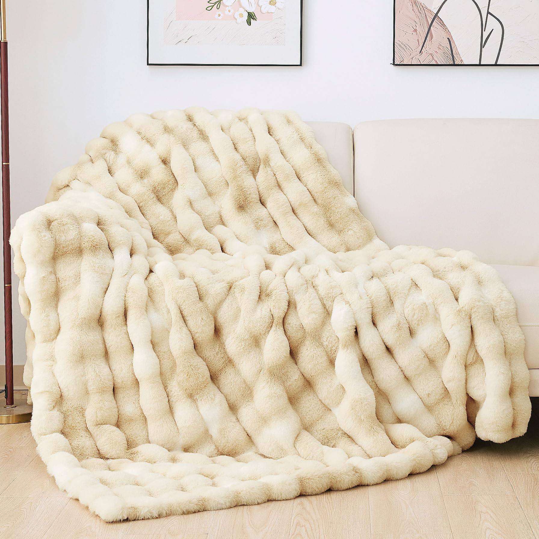 Orinova Tie-Dye Camel Faux Fur Rabbit Thick Throw Blanket For Couch Living Room 127X152cm Fluffy Bed Furry Comforter Soft Blanket Best Housewarming Home Gifts 860 Gsm