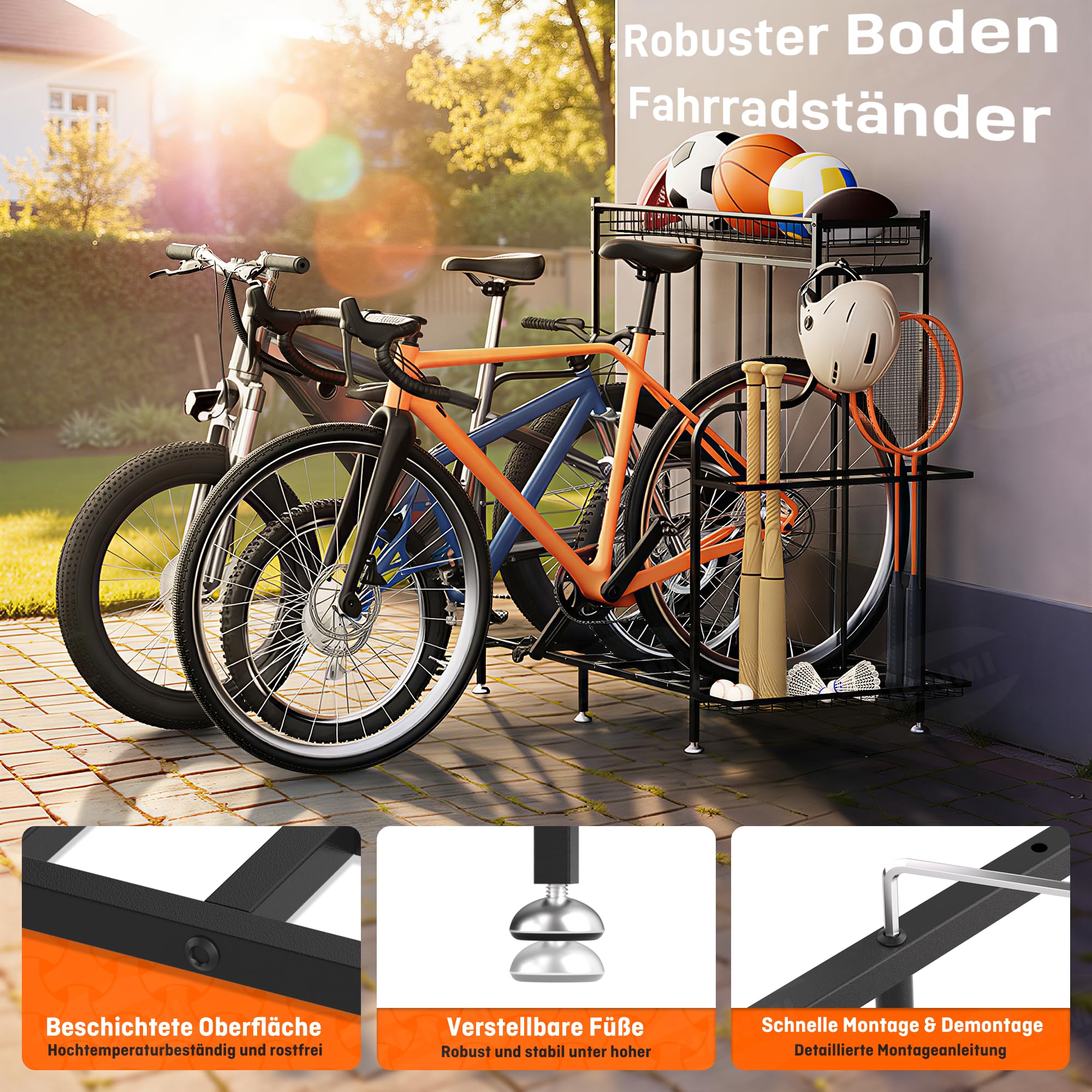 HENMI Fahrradständer Boden für 3 Fahrräder mit Korb und Haken | Einfach zu Montieren, Geeignet für E-Bike, Mountainbike und Rennrad