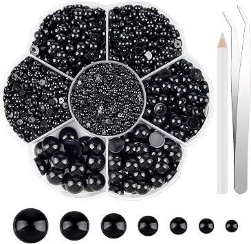 NEBURORA 6500 Pcs Black Flat Back Pearl Kit 7 Sizes with Tweezer and Picker Pencil Half Round Flatback Pearls Beads for DIY Crafts Nail Art Makeup Jewelry