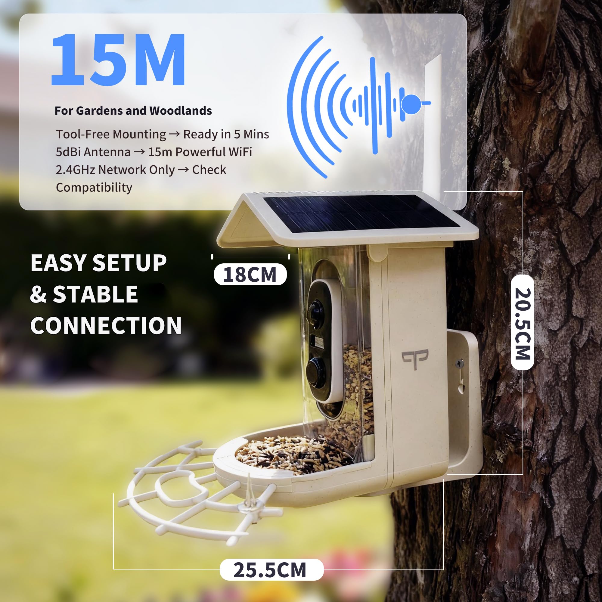 Origem Comedero Pájaros Exterior con Cámara 2K Solar, Tarjeta SD 64 GB | Comedero inteligente 1,7 L, cámara con visión nocturna, identificación IA de aves, IP65 y avisos instantáneos al móvil