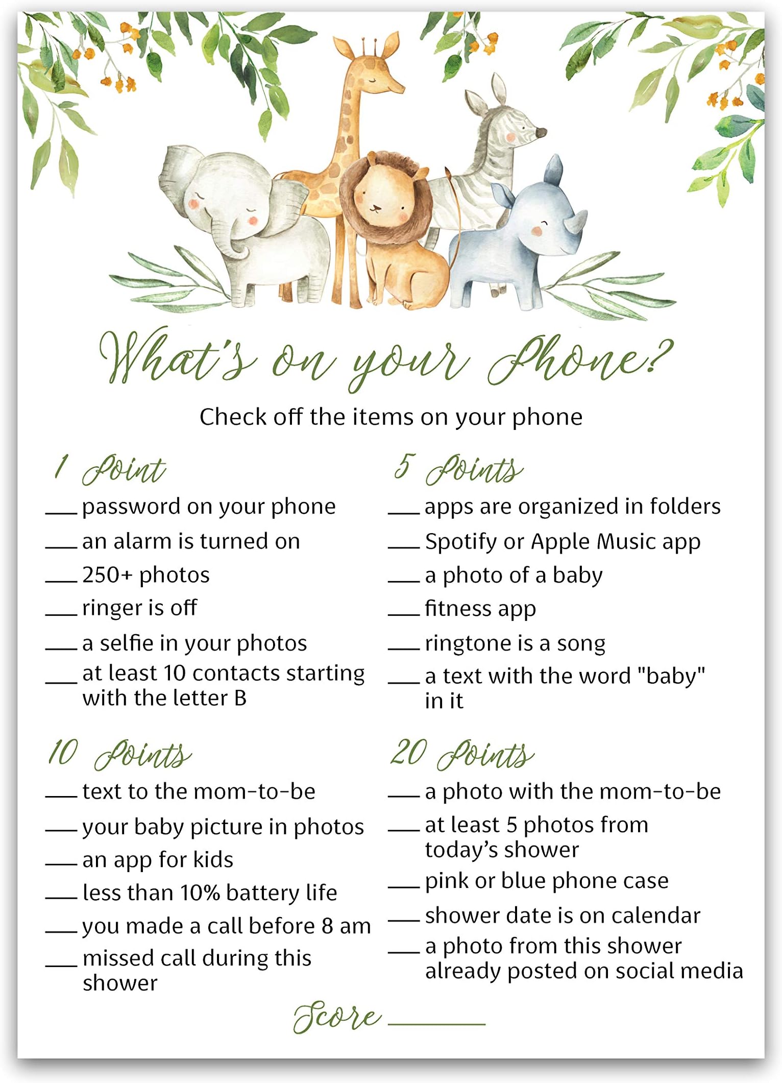 SAFARI ANIMALS Baby Shower Games โ WHAT'S ON YOUR PHONE Game โ Pack of 25 โ Country Rustic JUNGLE THEME Welcome to the Wild Shower Adventure Baby Boy or Girl Shower Activity G550-PHN