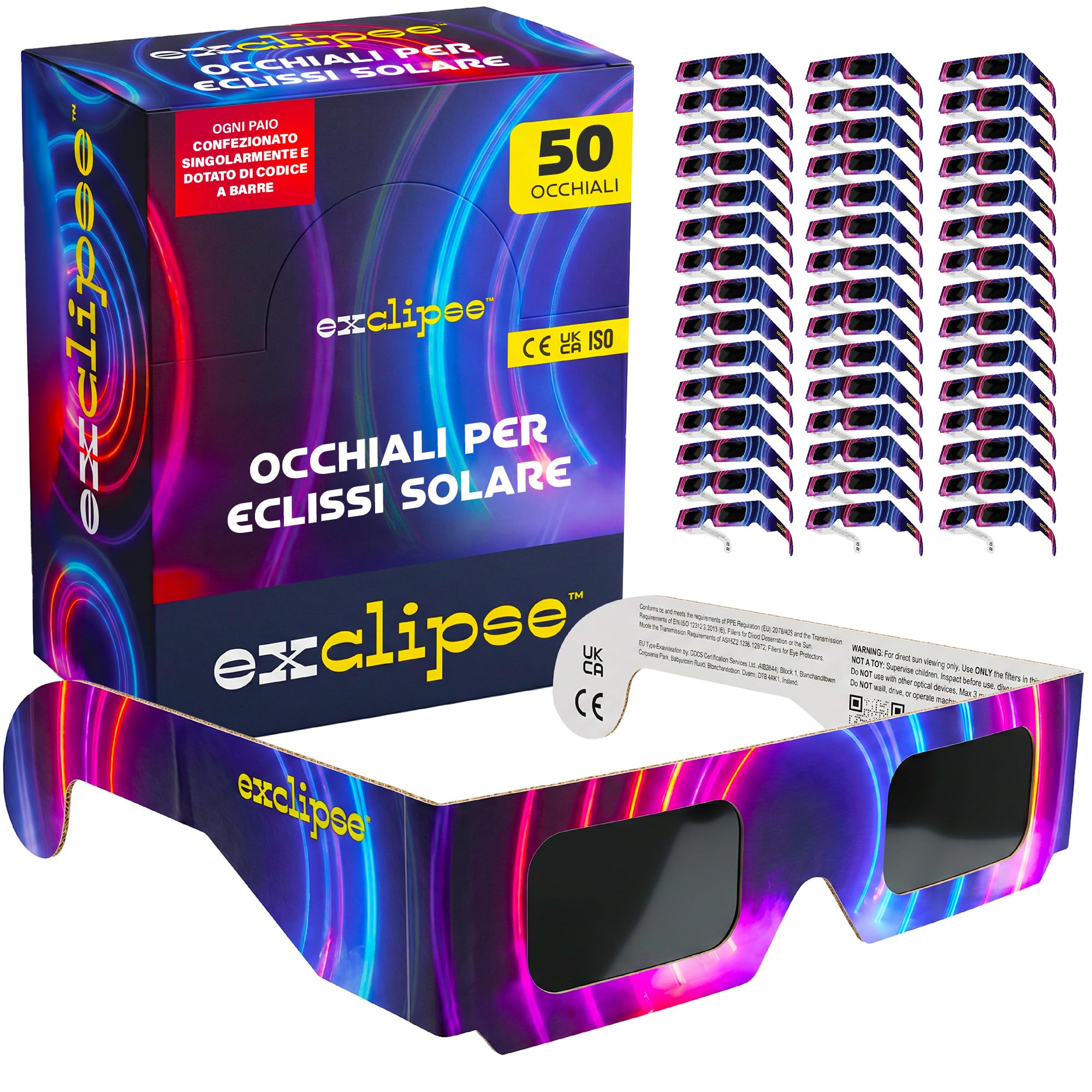 exclipse Occhiali per Eclissi Solare – Certificati ISO 12312-2 e CE & UKCA, Protezione Sicura per Osservazione del Sole, AAS 2026, Confezione Multipla