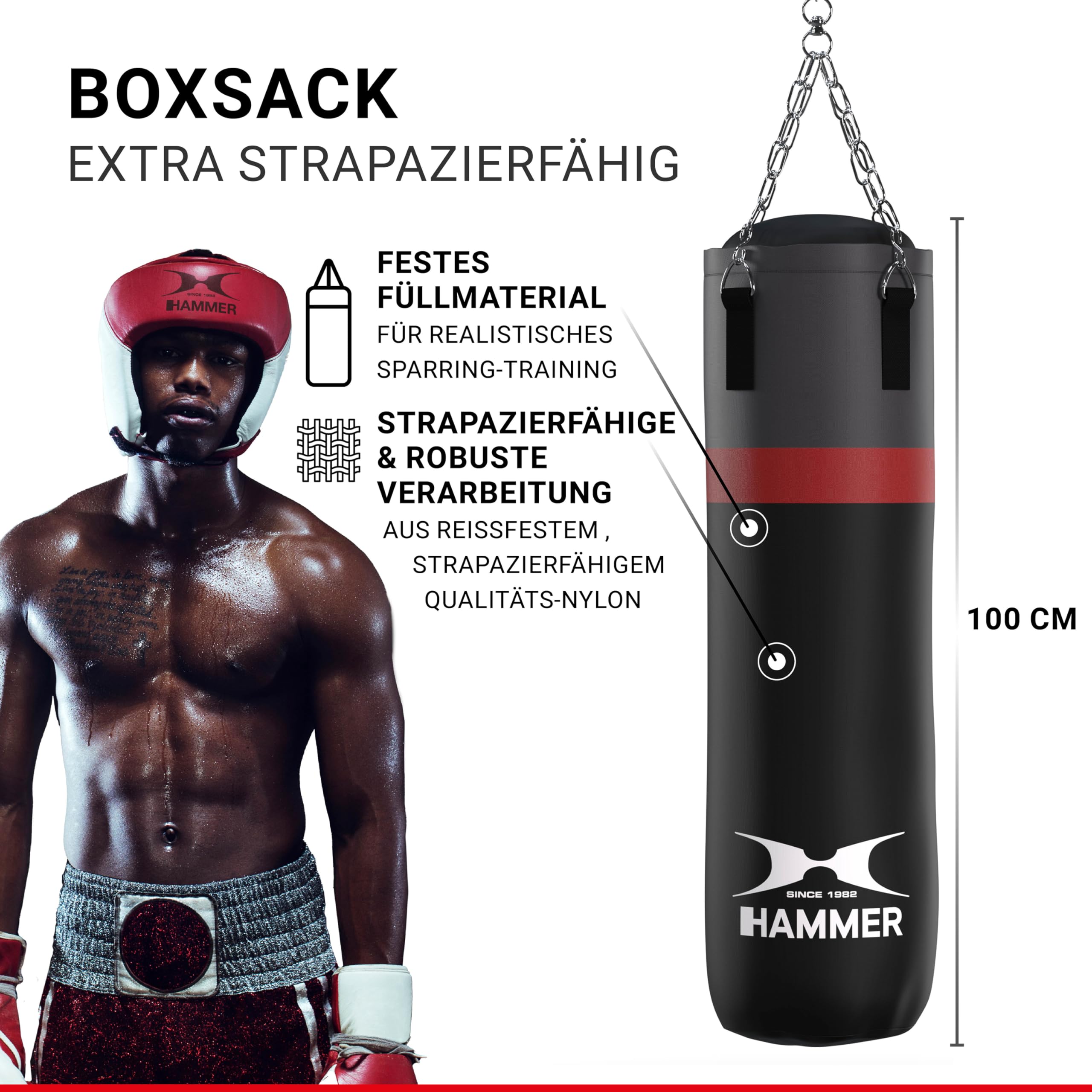 HAMMER Box Set Cobra – Robuster Boxsack (100 cm) + Hochwertige Boxhandschuhe (10 oz) – Ideales Trainingsset für Boxeinsteiger – Schwarz/Rot