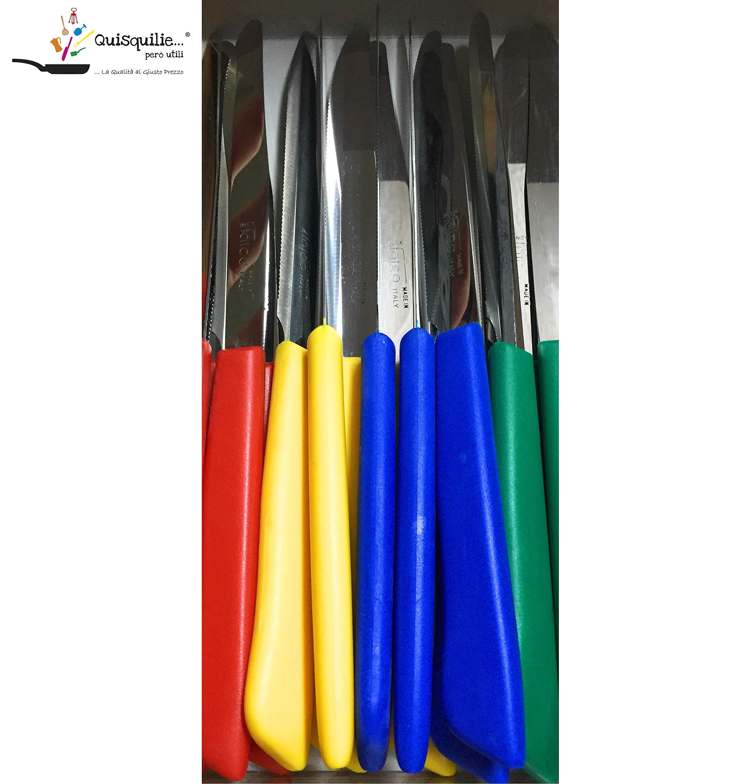 Kaimano Falco by Set di 16 coltelli Bistecca, Vecchia Produzione 100% Made in Italy, Lama seghettata, Punta Tonda,4 Colori