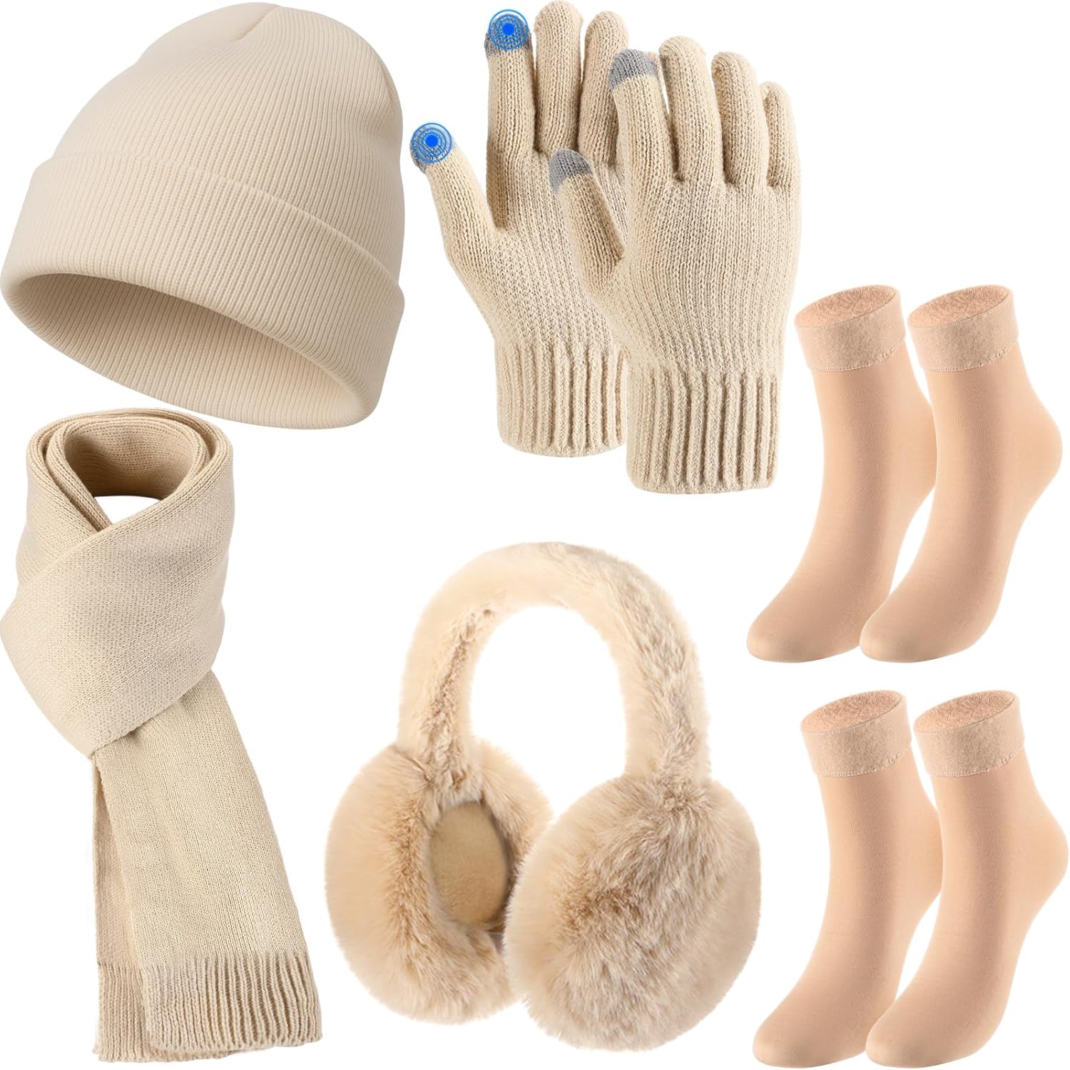 Geyoga 6 Pcs Women Winter Beanie Hat Scarf Gloves Ear Muffs Fuzzy Socks Set, Touchscreen Gloves for Thermal Gift Cold Weather