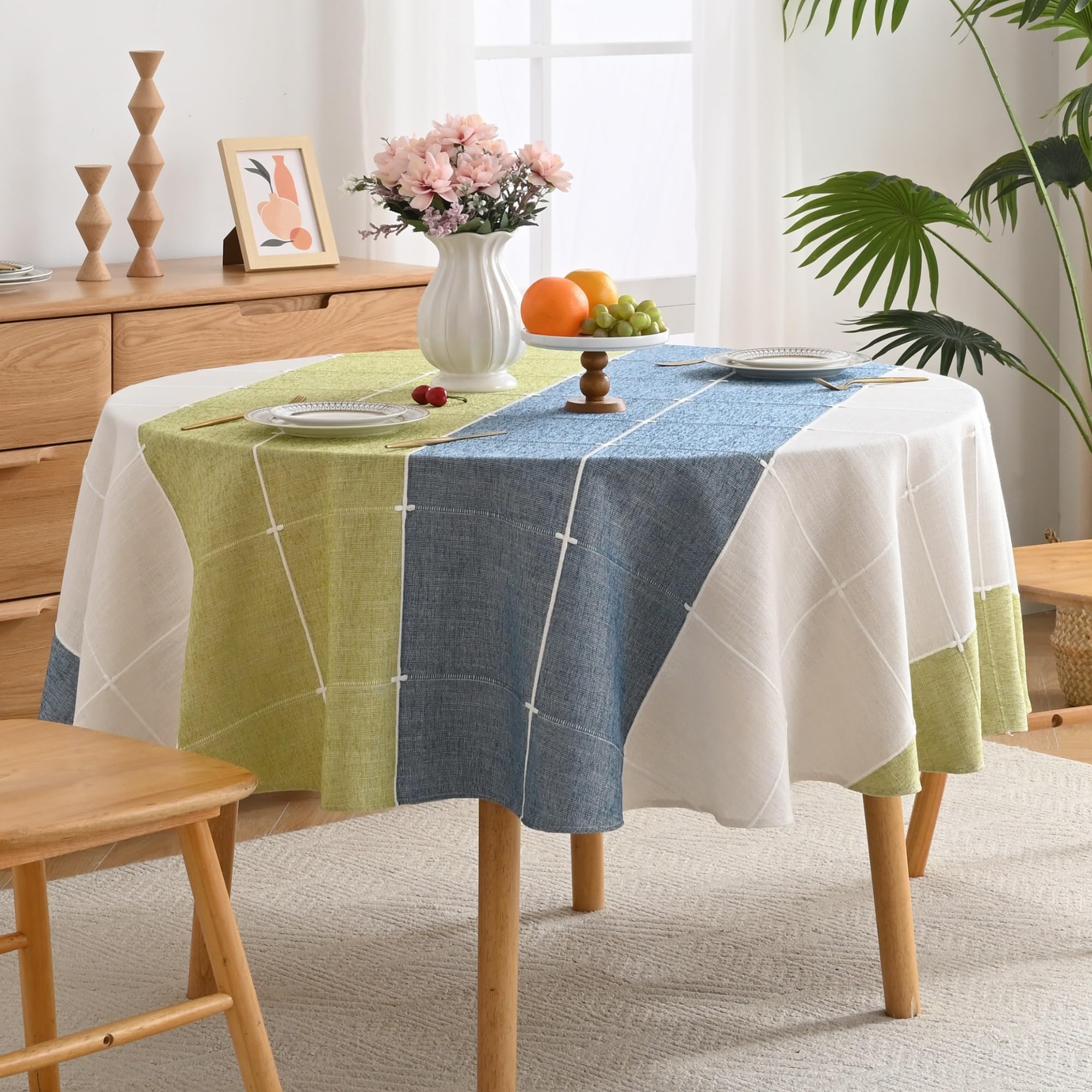 Yomeri Lattice Embroidery Plaid Round Tablecloth, Heavy Duty Cotton Linen Fabric Wrinkle Resistant Round Table Cloth Cover for Home Kitchen Dining