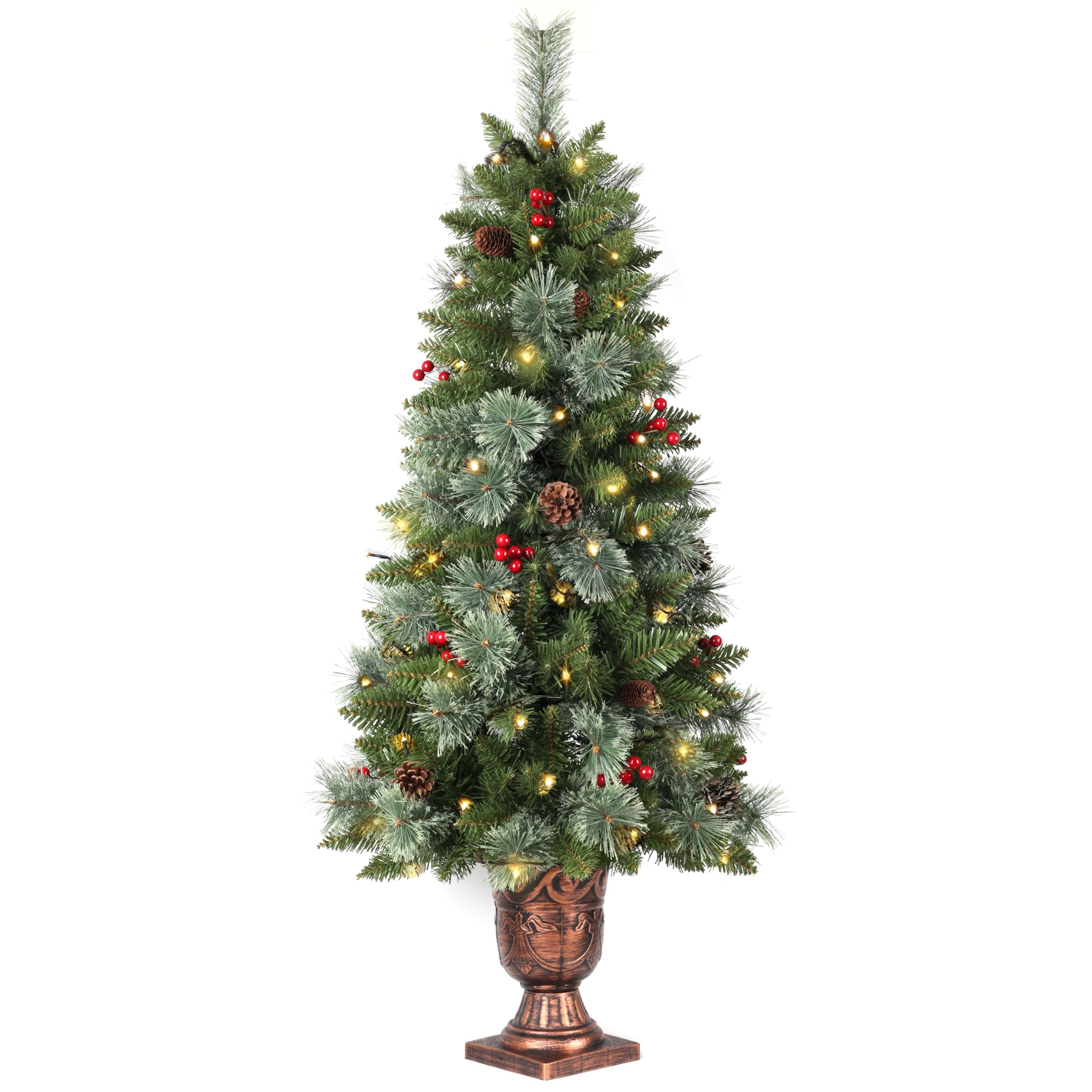 Pre-lit Artificial Christmas Tree 120cm/4ft,Potted Decorated Pine Xmas Tree with 100 Warm White LED Lights & 15 Red Berry & 10 Pinecone for Indoor Outdoor