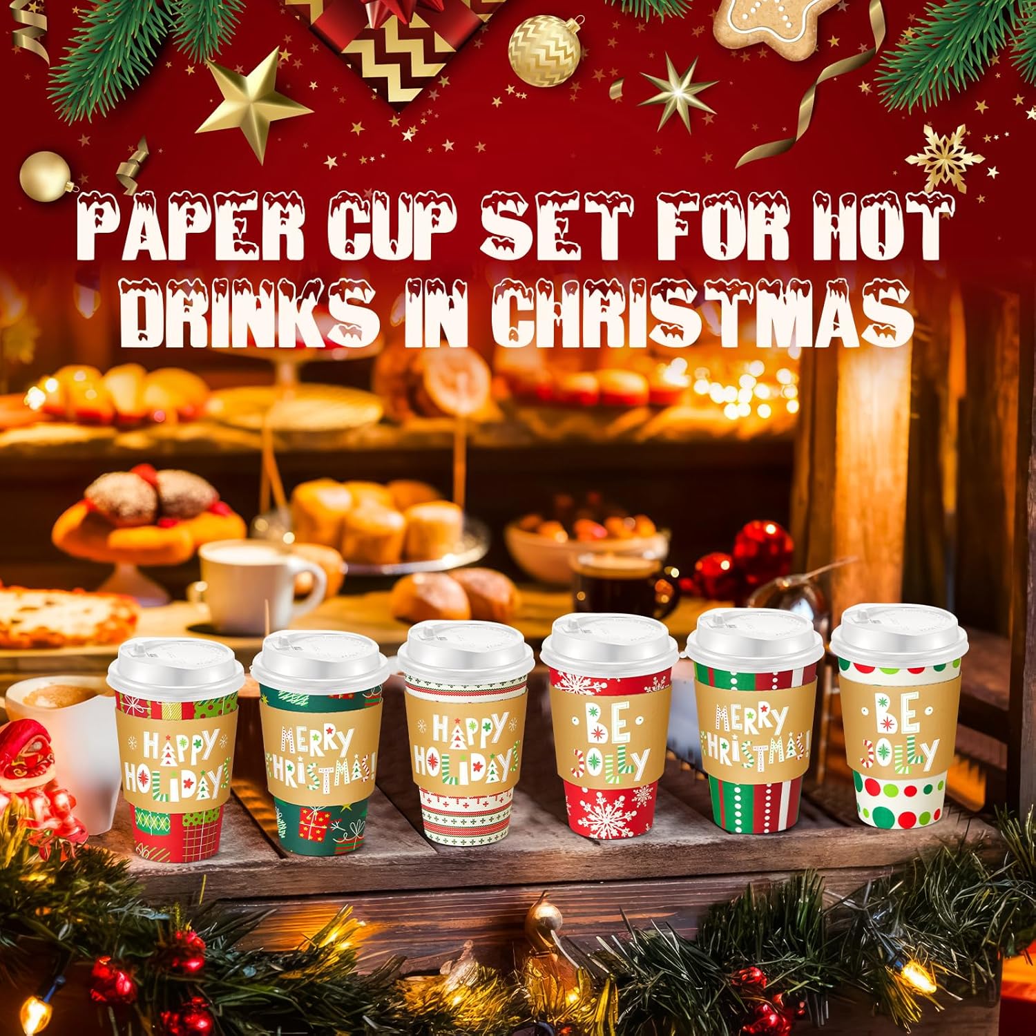 120 Sets Christmas Coffee Cups with Lids and Sleeves Stirrers Christmas Disposable Hot chocolate Cocoa Paper Cups for Xmas holiday Beverage Party Supplies(16 oz)