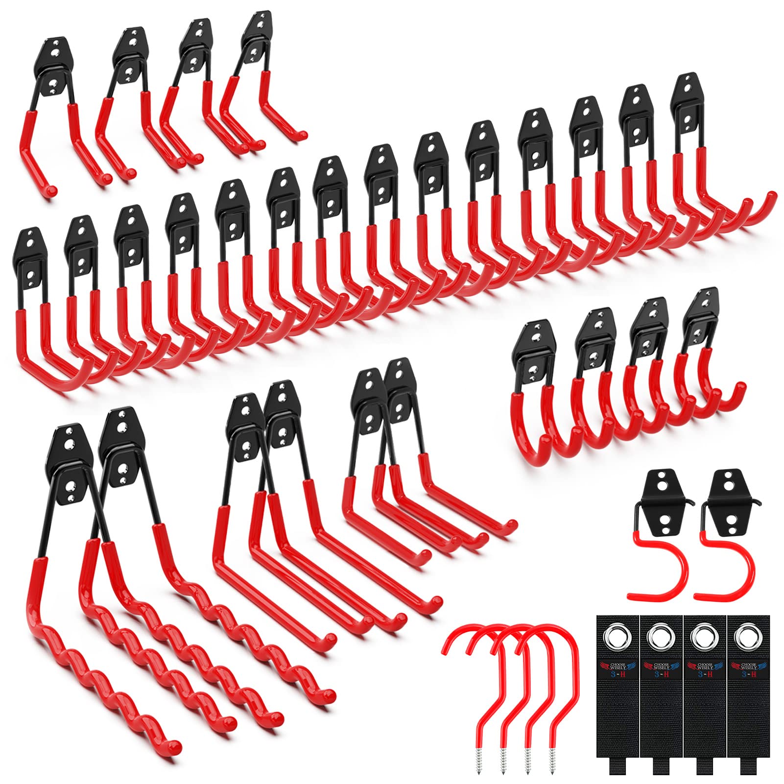 3-H 42Pack Garage Hooks Heavy Duty,Garage Storage Hooks with 3 Welding Spots,Garage Hooks for Shed Organizing Ladder ChairYard Hanging Shovel Garden Tools Hose Weed Eater(Red)