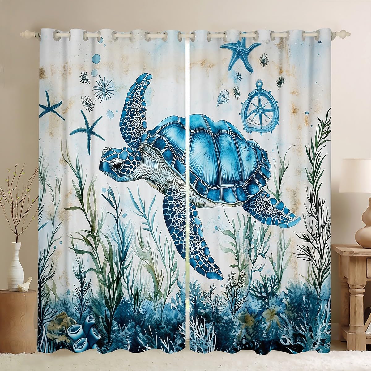 Blue Sea Turtle Blackout Curtain Marine Animal Theme Window Drapes, Cartoon Ocean Life Seaweed Window Treatments, Kids Boys Girls Room Decor, Grommet Top 2 Panel Set Bedroom Curtains, 38Wx45L inch