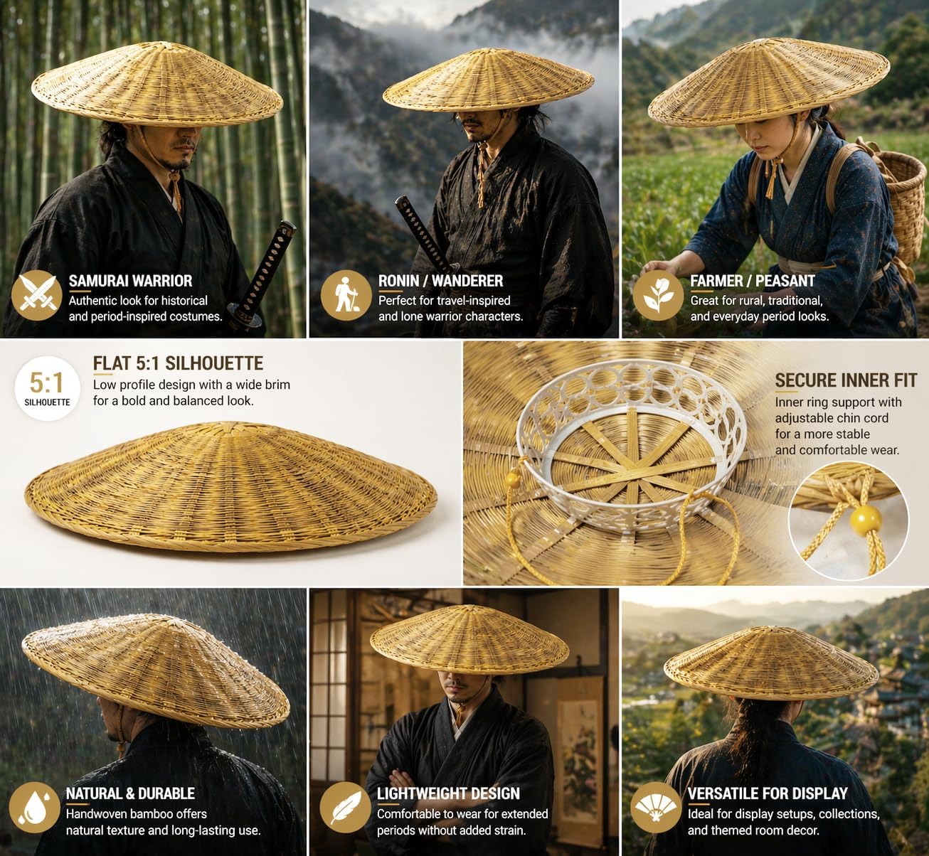 Samurai Ninja Hat Cosplay Handwoven Bamboo Conical Hat Wide Brim Japanese Asian Costume Sun Hat Outdoor
