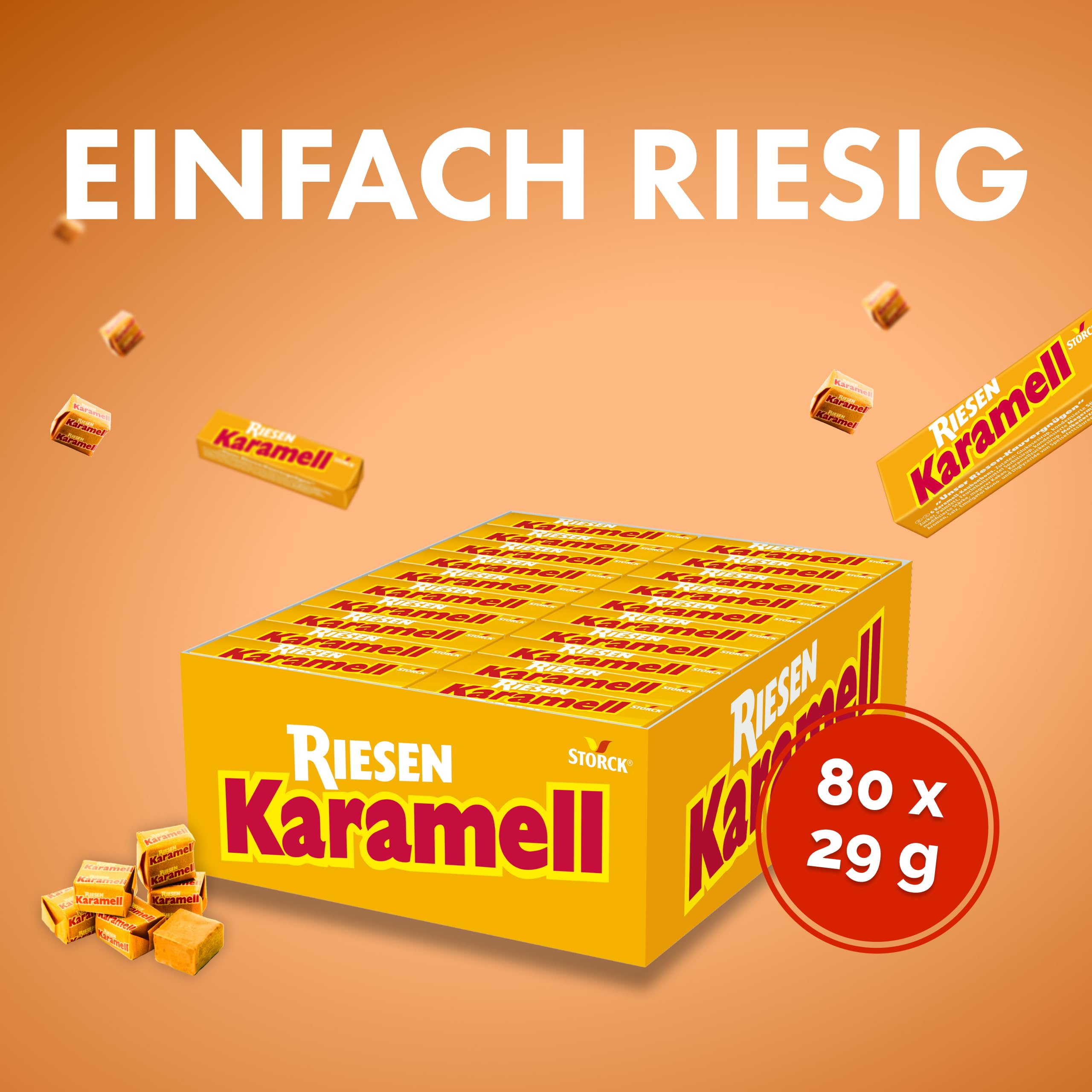 Karamell RIESEN – 80 x 29 g Stangen – Karamell-Kaubonbons mit intensivem Karamellgeschmack – Toffees einzeln verpackt