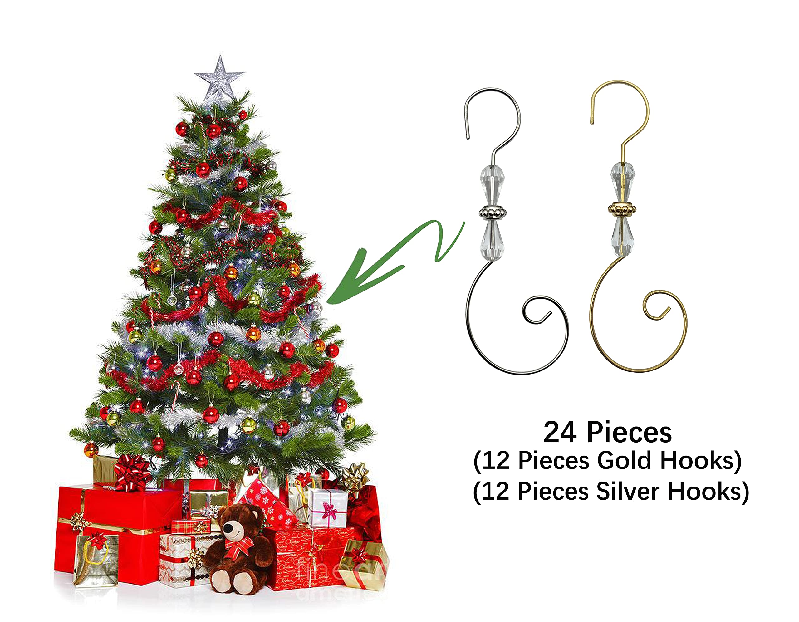 WEIBIAO Christmas Ornament Hooks Iron Hook with Acrylic Jewelry Hanger Decoration for Christmas Tree Home Decoration (24 Pieces) (Style B)