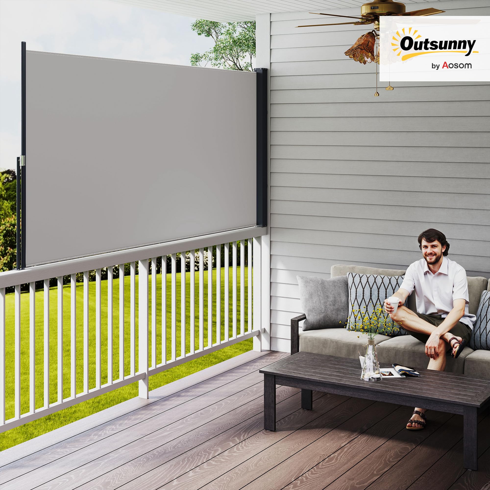 Outsunny Toldo Lateral Retráctil Pantalla Anti-UV 300x140 cm Gris Claro | Pantalla Enrollable, Mampara de Privacidad, Impermeable, Exterior, Jardín, Balcón, Terraza