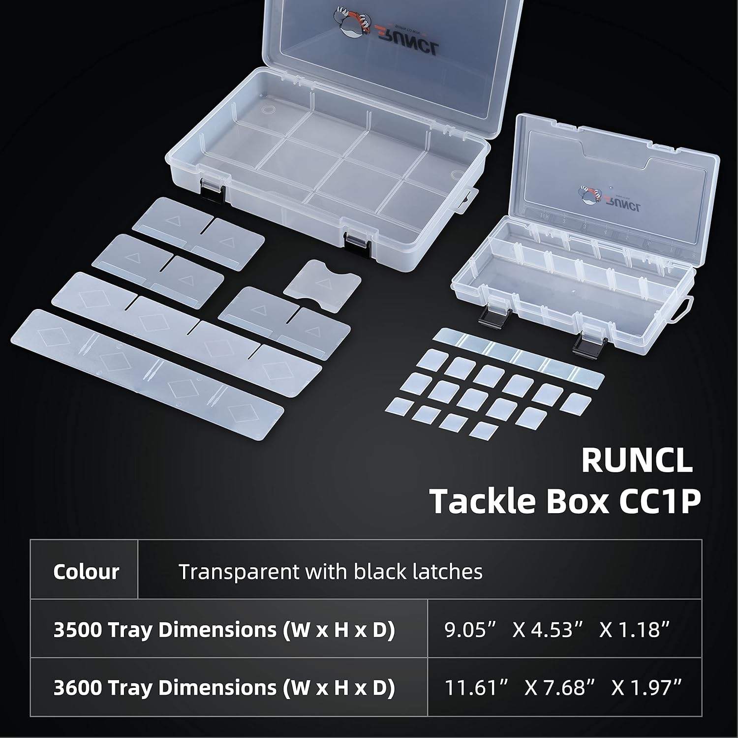 RUNCL Fishing Tackle Box, 4 Packs Plastic Storage Box with Removable Dividers, 3500/3600 Tackle Boxes Organizer - Clear Tackle Storage Trays For Lures, Baits - Box Organizer Container : Sports & Outdoors