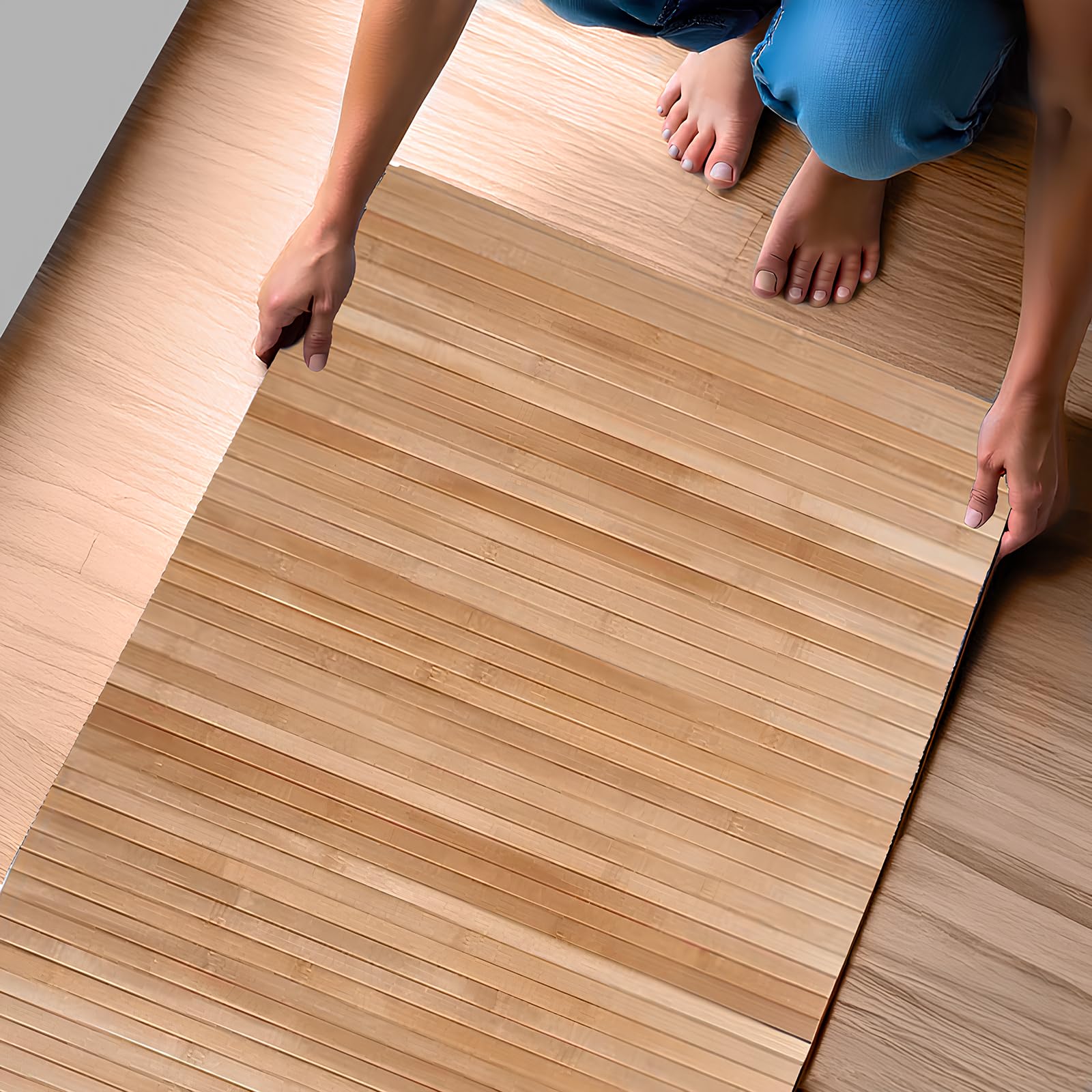 PARAMAISON Tappeto Bamboo Cucina Soggiorno Corridoio, Passatoia Fondo Antiscivolo, Antimacchia, Multiuso, Lavabile | Naturale 50x250cm
