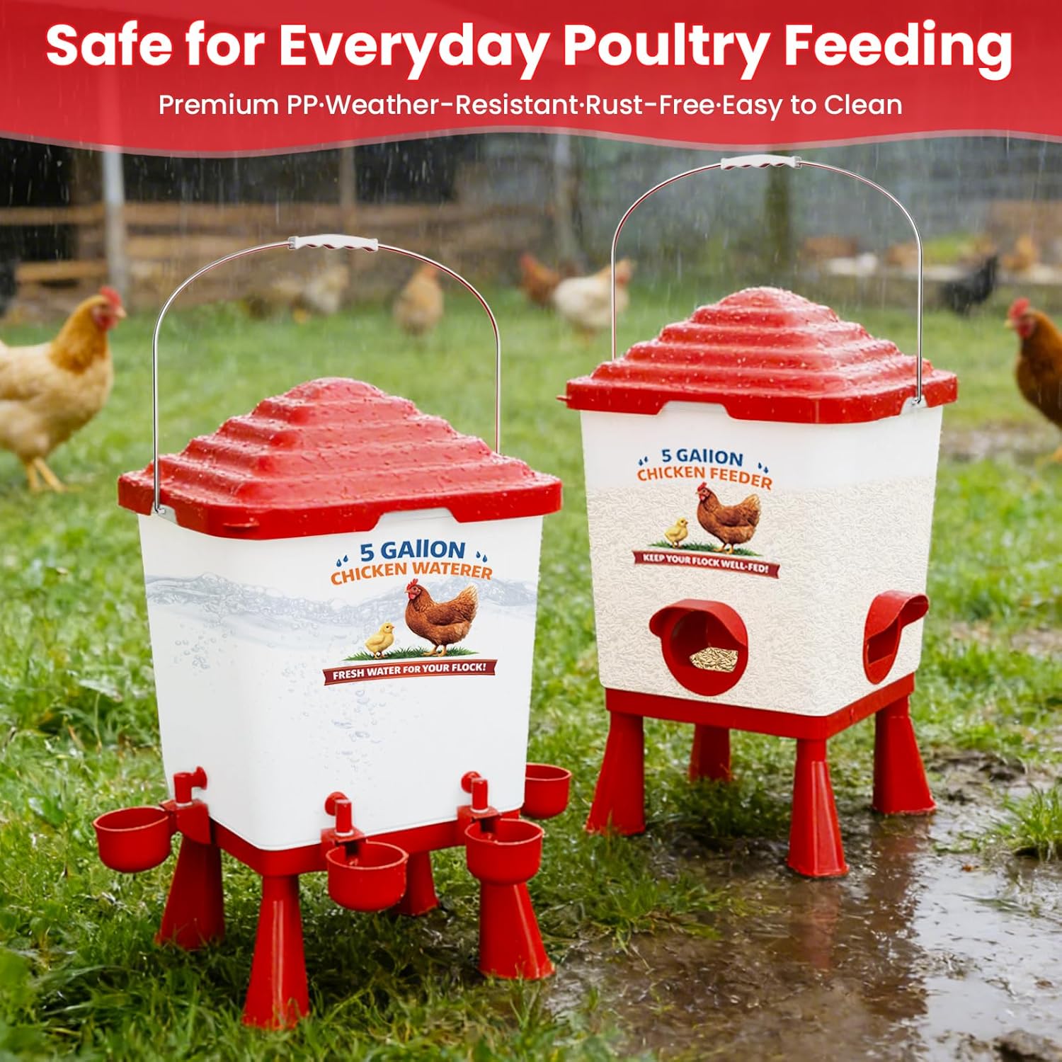 Chicken Feeder and Waterer Set, 5 Gallon Automatic Chicken Waterer with Cups, 40LB Large Chickens Feeders No Waste, Chicken Coop Accessories, Poultry Feeder & Chicken Watering System for Ducks, Quails