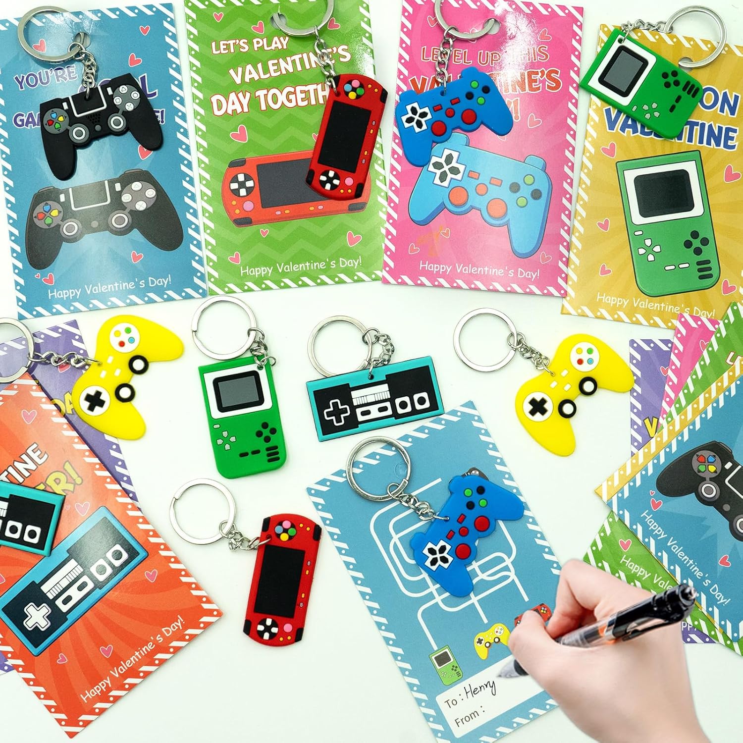 28 Pack Valentines Gifts Card with Video Game Controller Keychains, Valentines Day Gifts For Kids Toys Valentines Day Cards Bulk for Kids Boy Girl Classroom School Exchange Prize Party Favors