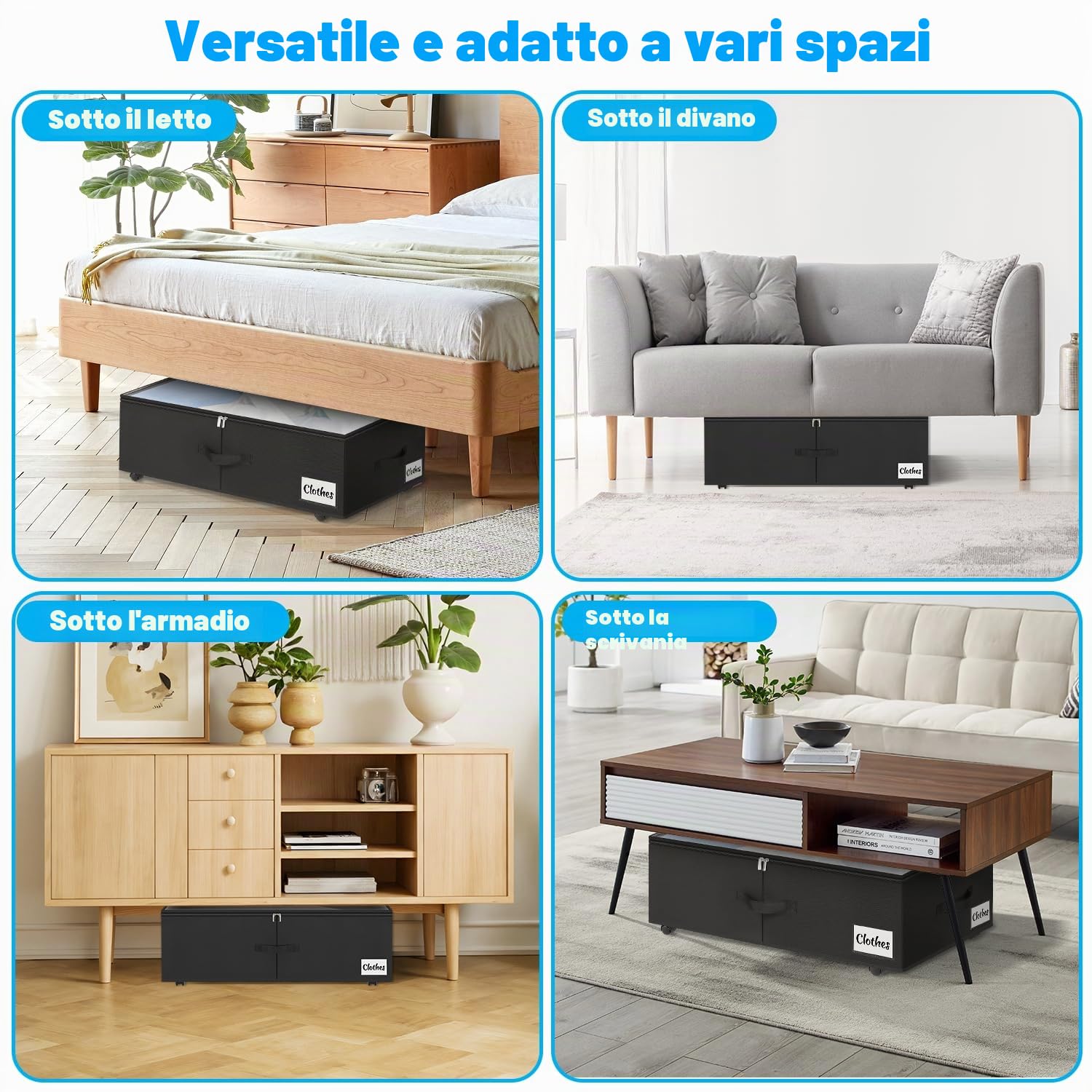 Kukikan Contenitore sotto il letto su ruote, confezione da 2 pezzi, 24 cm, XXL, 60 l, borsa portaoggetti con cerniera, semplice da montare, con coperchio ed etichetta, cassetti sotto il letto per