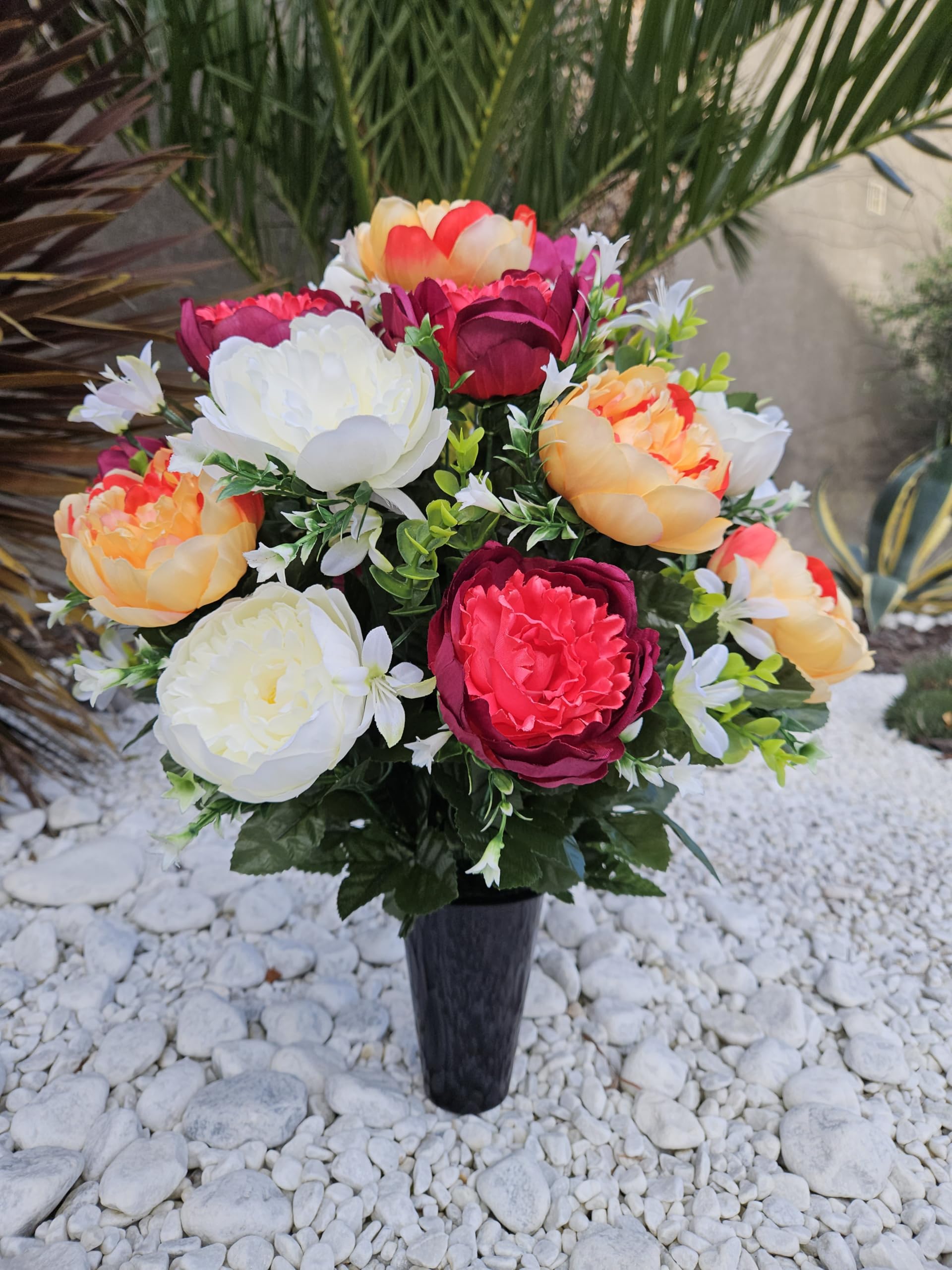 Composition Fleurs Artificielles Lestée Ciment – Jardinière Tombe 50×38 Cm, Décoration Extérieur & Intérieur
