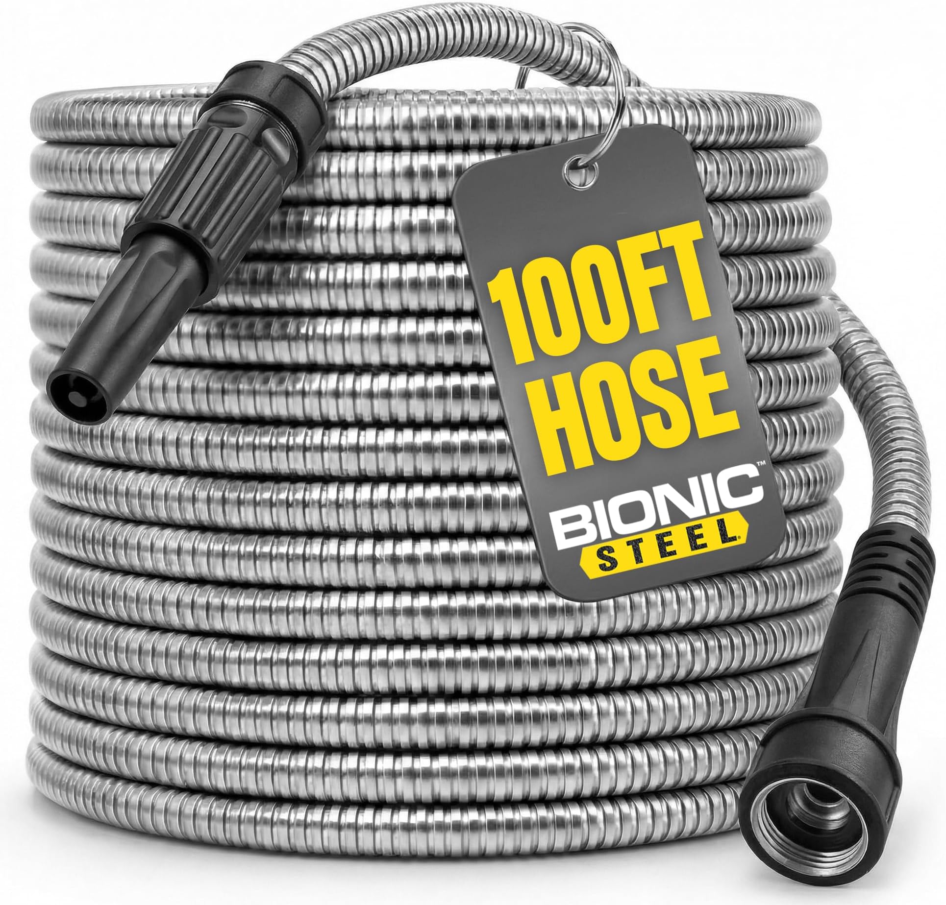 BIONIC STEEL 100 FT Garden Hose Pipe with Nozzle 304 Stainless Steel Metal Hosepipe, Crush Resistant Flexible Hose Pipe, Kink Free Ultra Lightweight Garden Hose Easy to Coil, 500 PSI, Garden Hoses