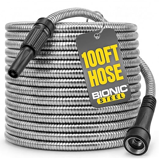 Bionic Steel 100 Foot Garden Hose 304 Stainless Steel Metal Water Hose – Super Tough & Flexible, Lightweight, Crush Resistant Aluminum Fittings, Kink & Tangle Free, Rust Proof, Easy to Use & Store