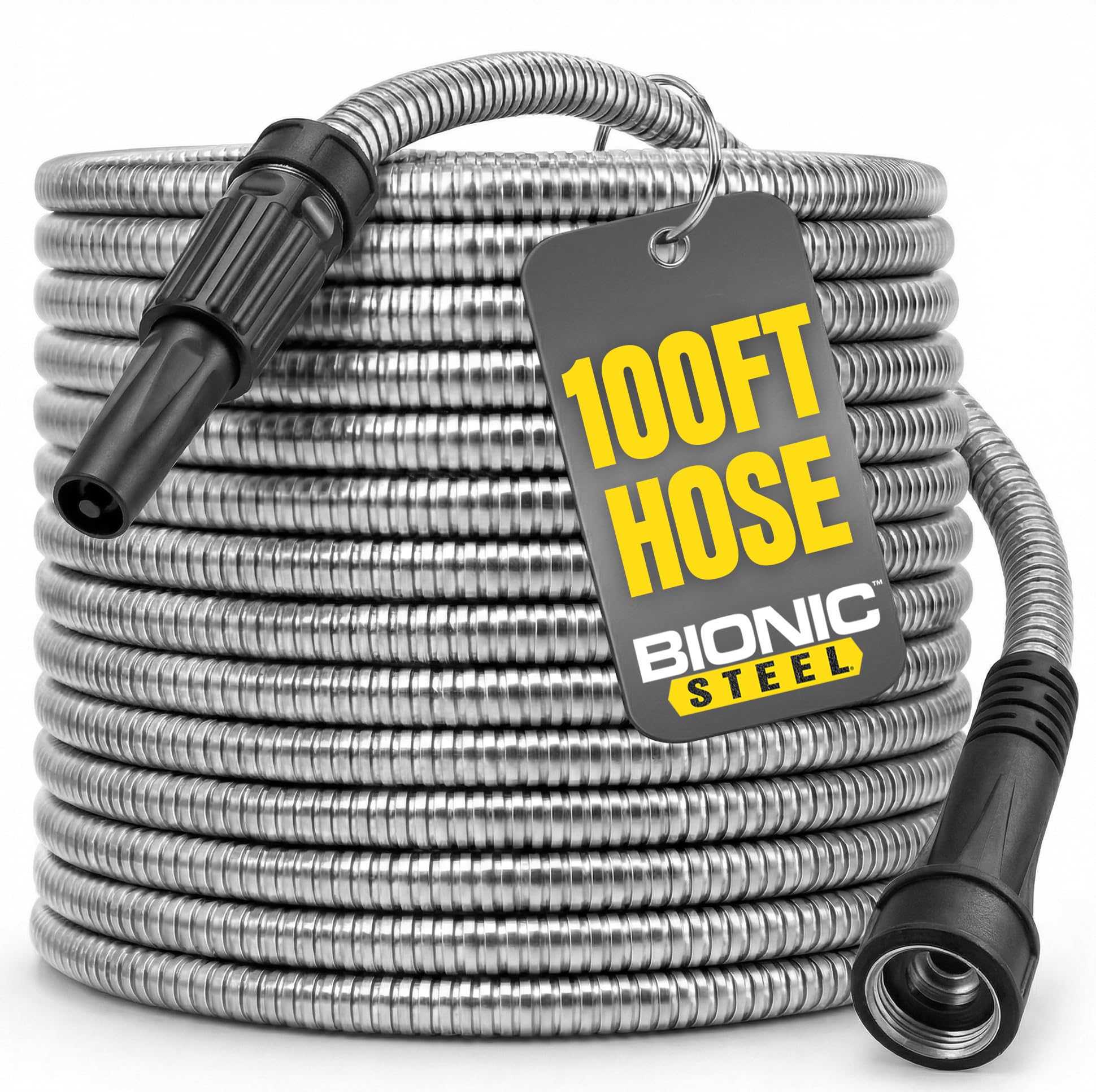 BIONIC STEEL 100 FT Garden Hose Pipe with Nozzle 304 Stainless Steel Metal Hosepipe, Crush Resistant Flexible Hose Pipe, Kink Free Ultra Lightweight Garden Hose Easy to Coil, 500 PSI, Garden Hoses
