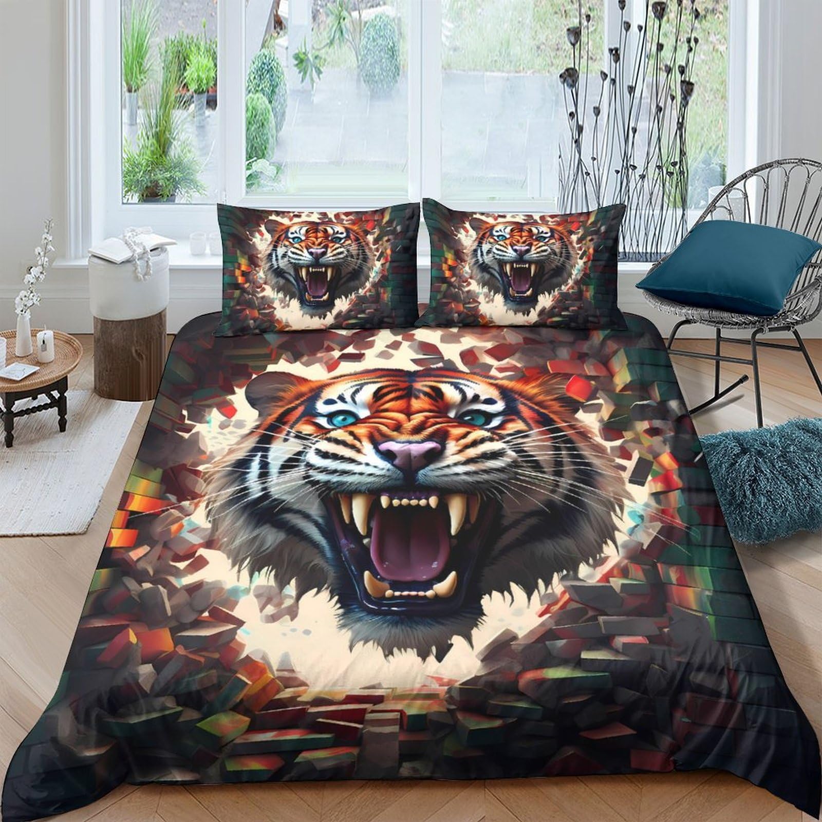 Ctjqhvkz Style-4 3D Printed Roaring Tiger Fitted Sheet Microfiber Soft Orange Black Jungle Animal Bed Cover For Bedroom Dorm Mattress Protection Decor Single（135X200cm）