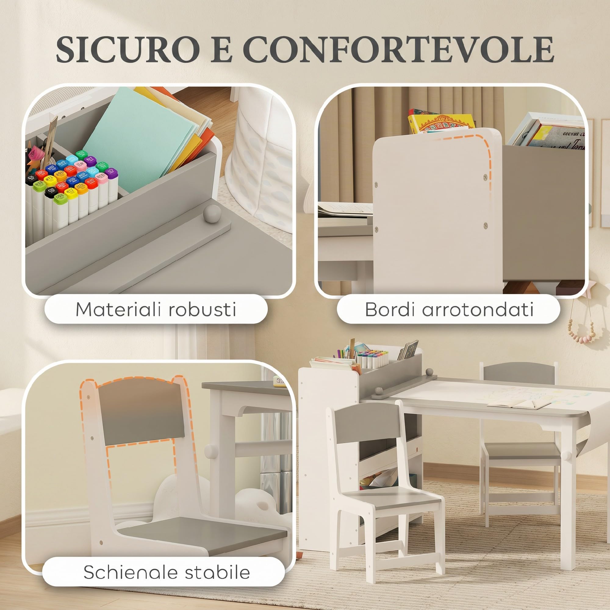 AIYAPLAY Set Tavolo e Sedie per Bambini 3-8 Anni con 2 Sedie e Tavolino con Spazio Contenitore, Mobili per Bambini in Legno di Pino e Tessuto non Tessuto, Bianco e Grigio